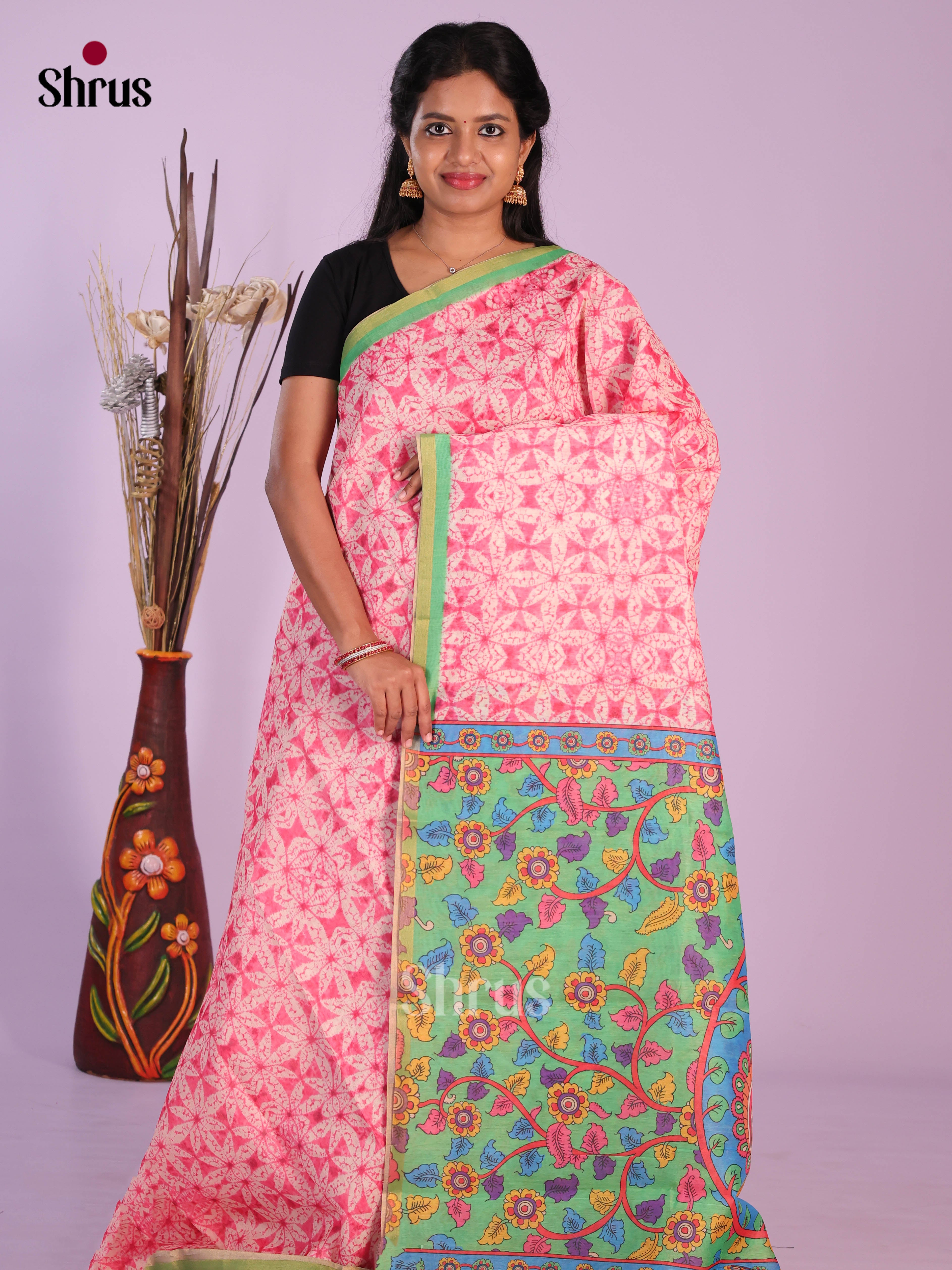 Pink & Green- Linen Cotton Saree - Shop on Shrus.com