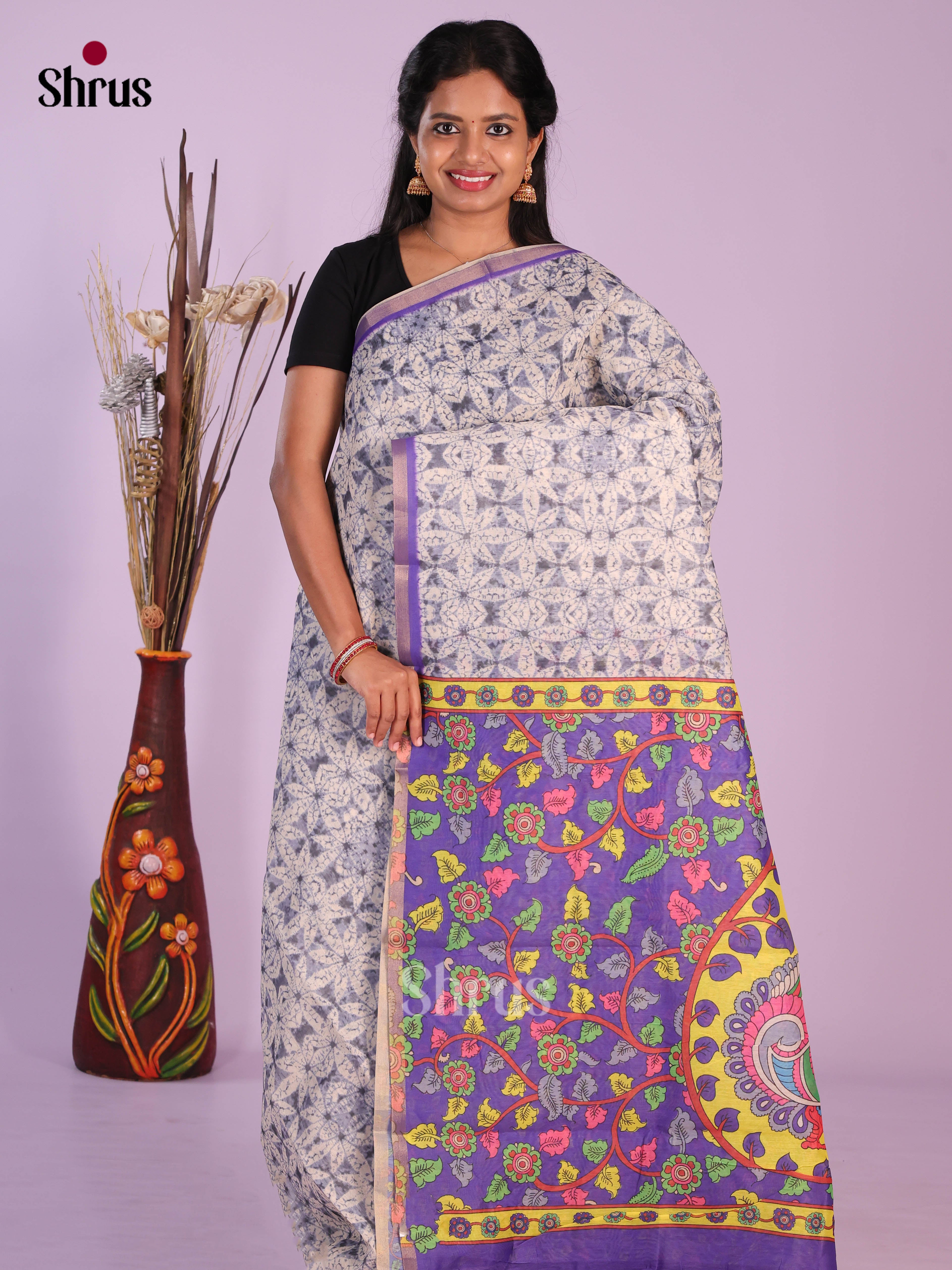 Grey & Purple - Linen Cotton Saree - Shop on Shrus.com