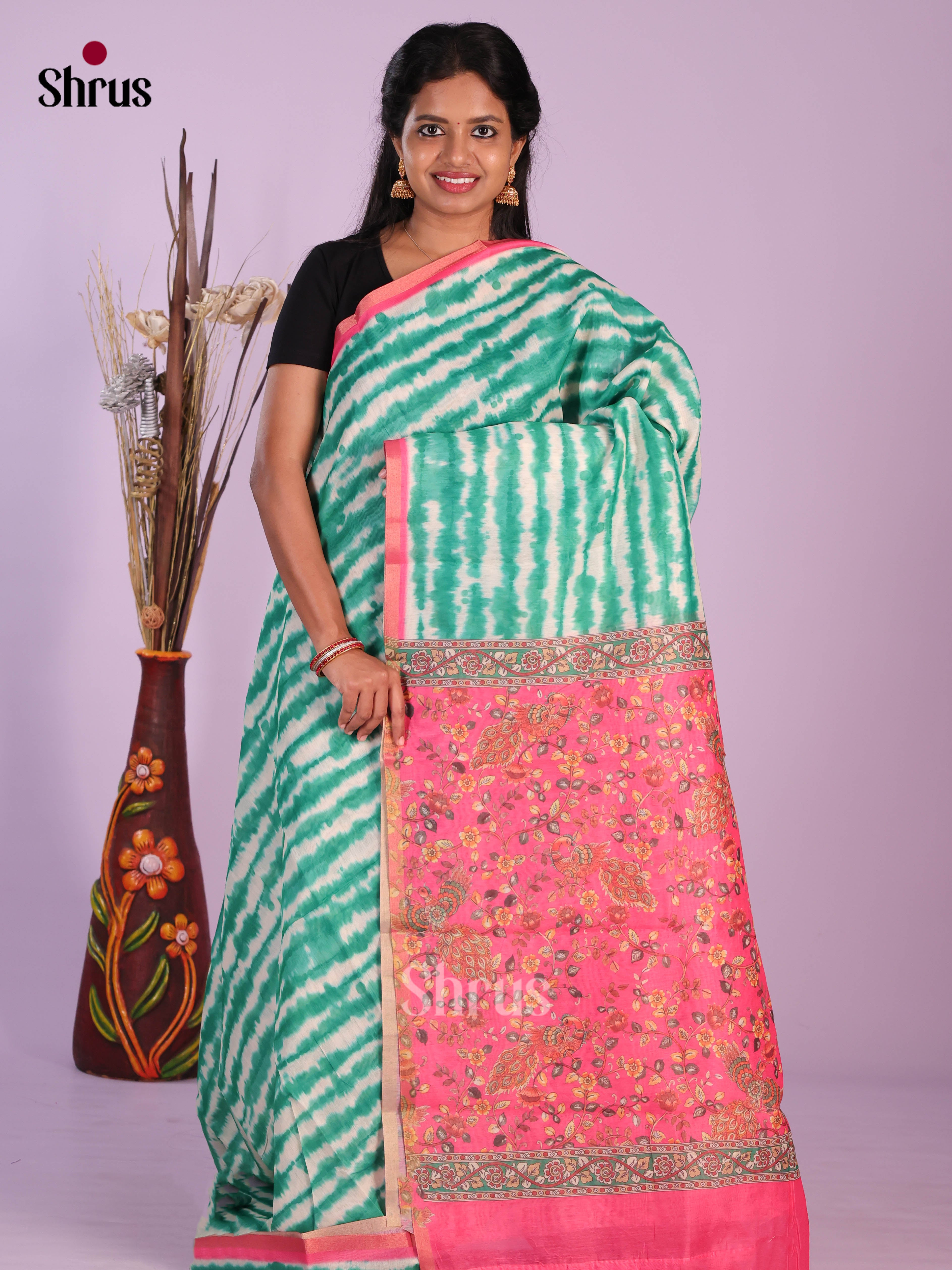 Green & Pink - Linen Cotton Saree - Shop on Shrus.com