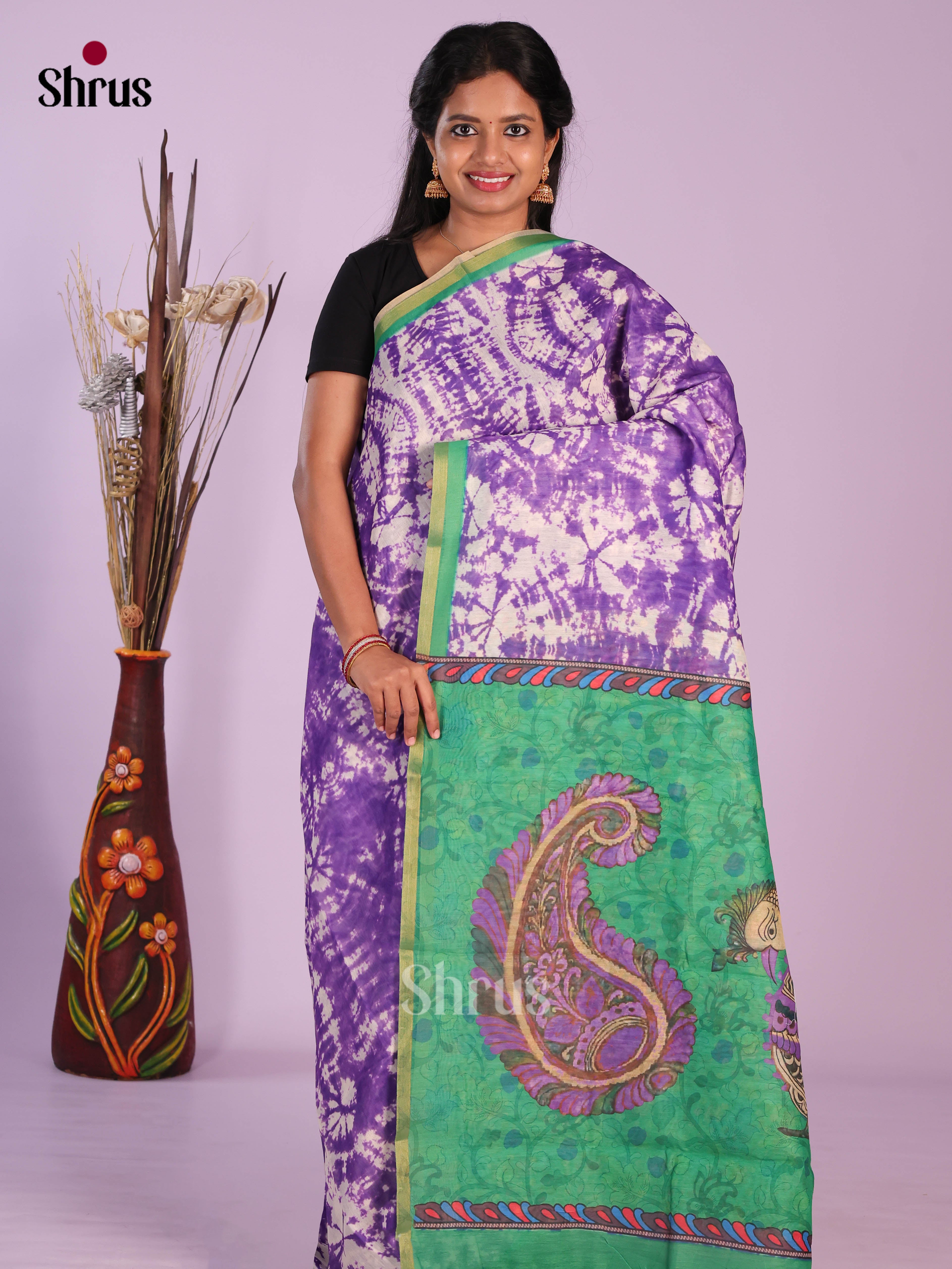 Purple & Green - Linen Cotton Saree - Shop on Shrus.com