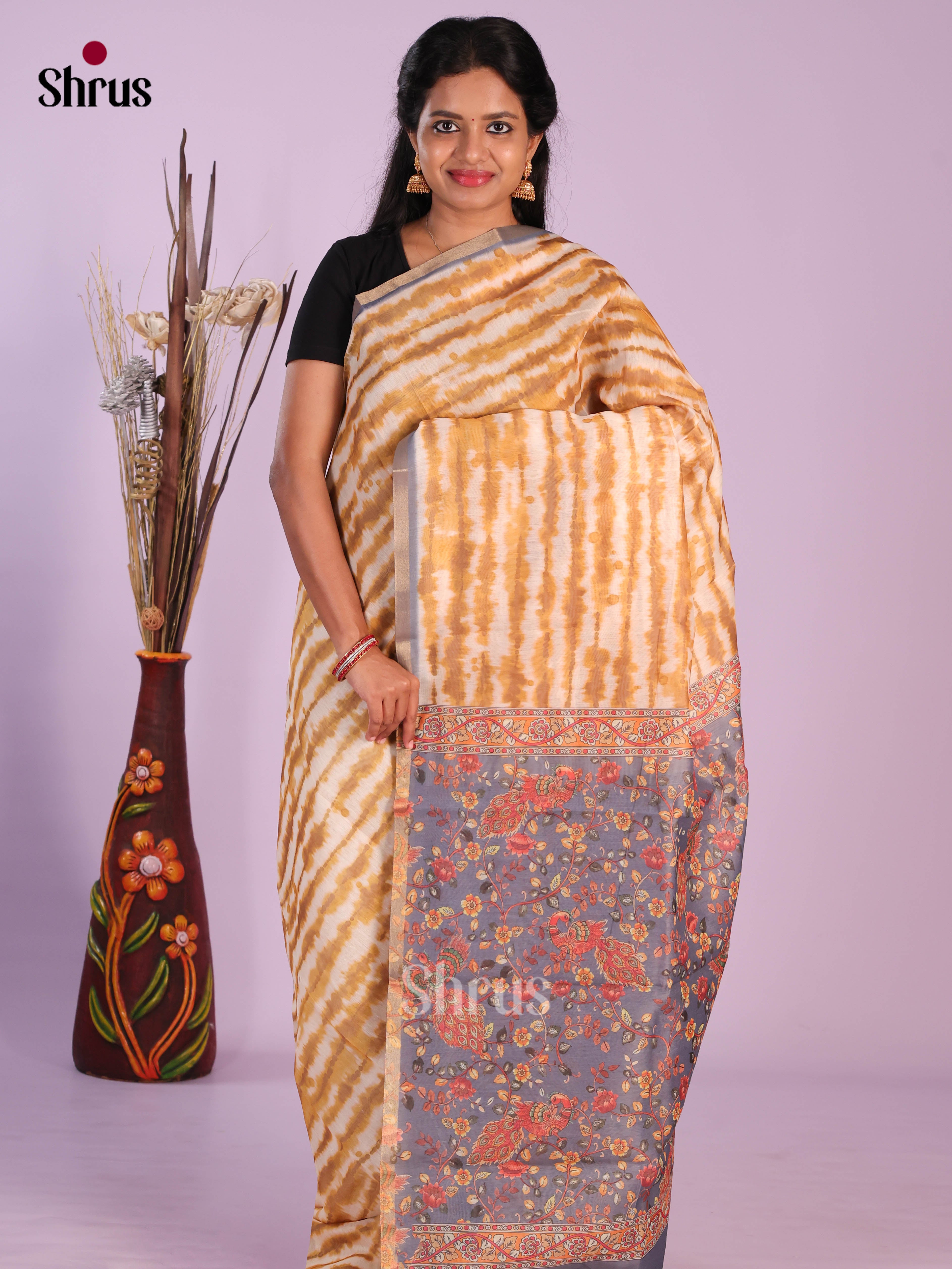 Cream & Grey- Linen Cotton Saree