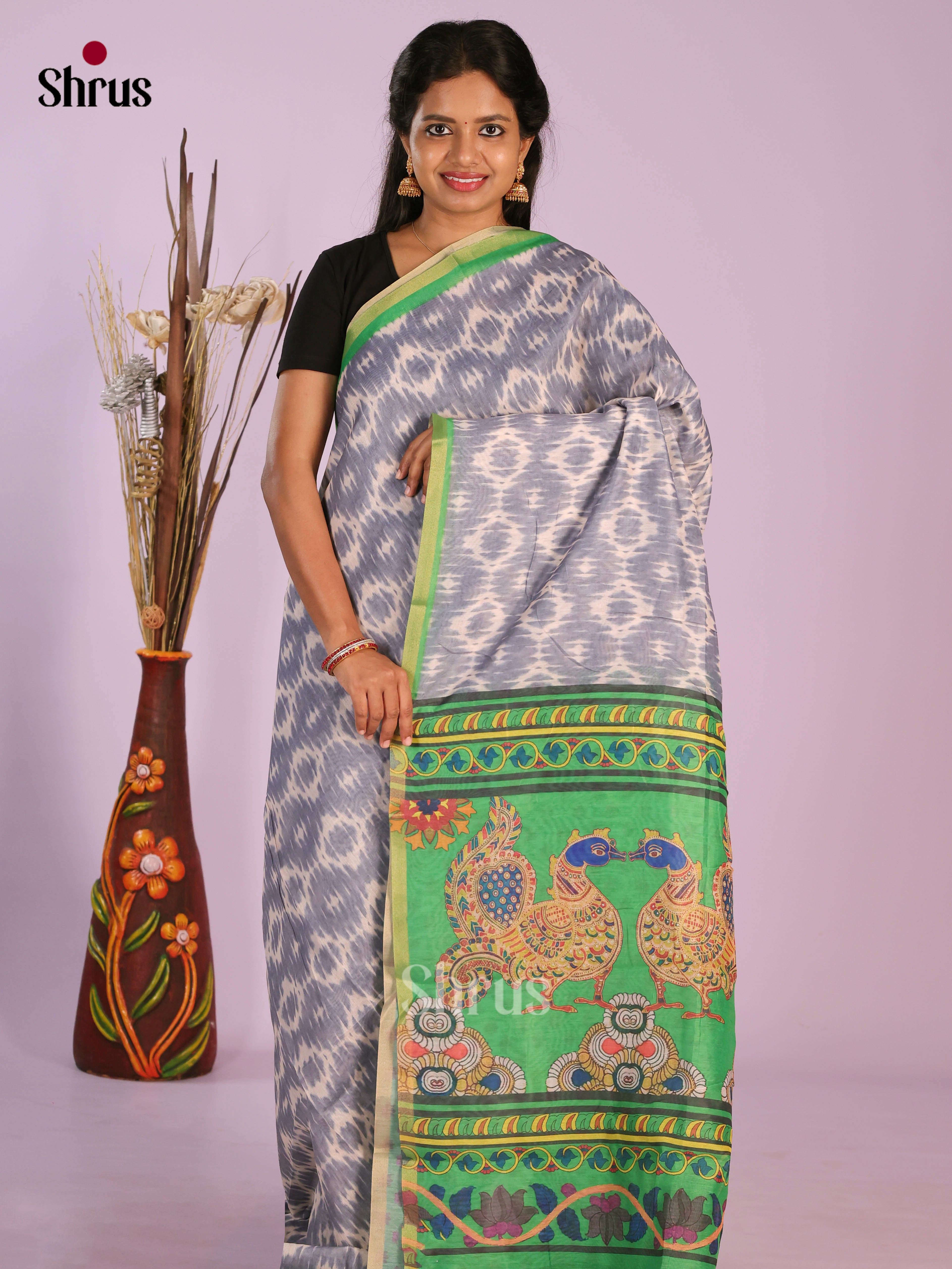 Grey & Green - Linen Cotton Saree