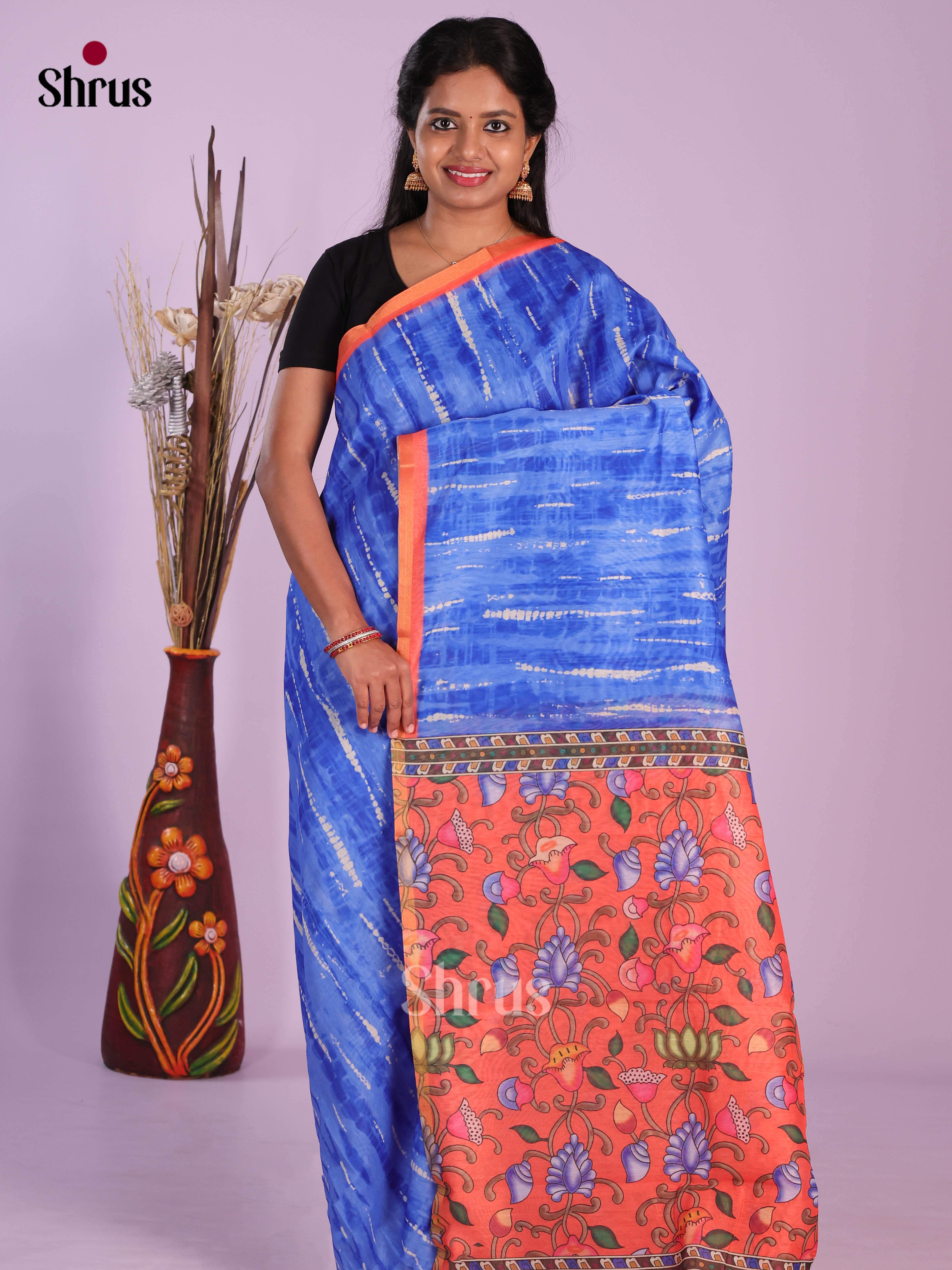 Blue & Orange - Linen Cotton Saree