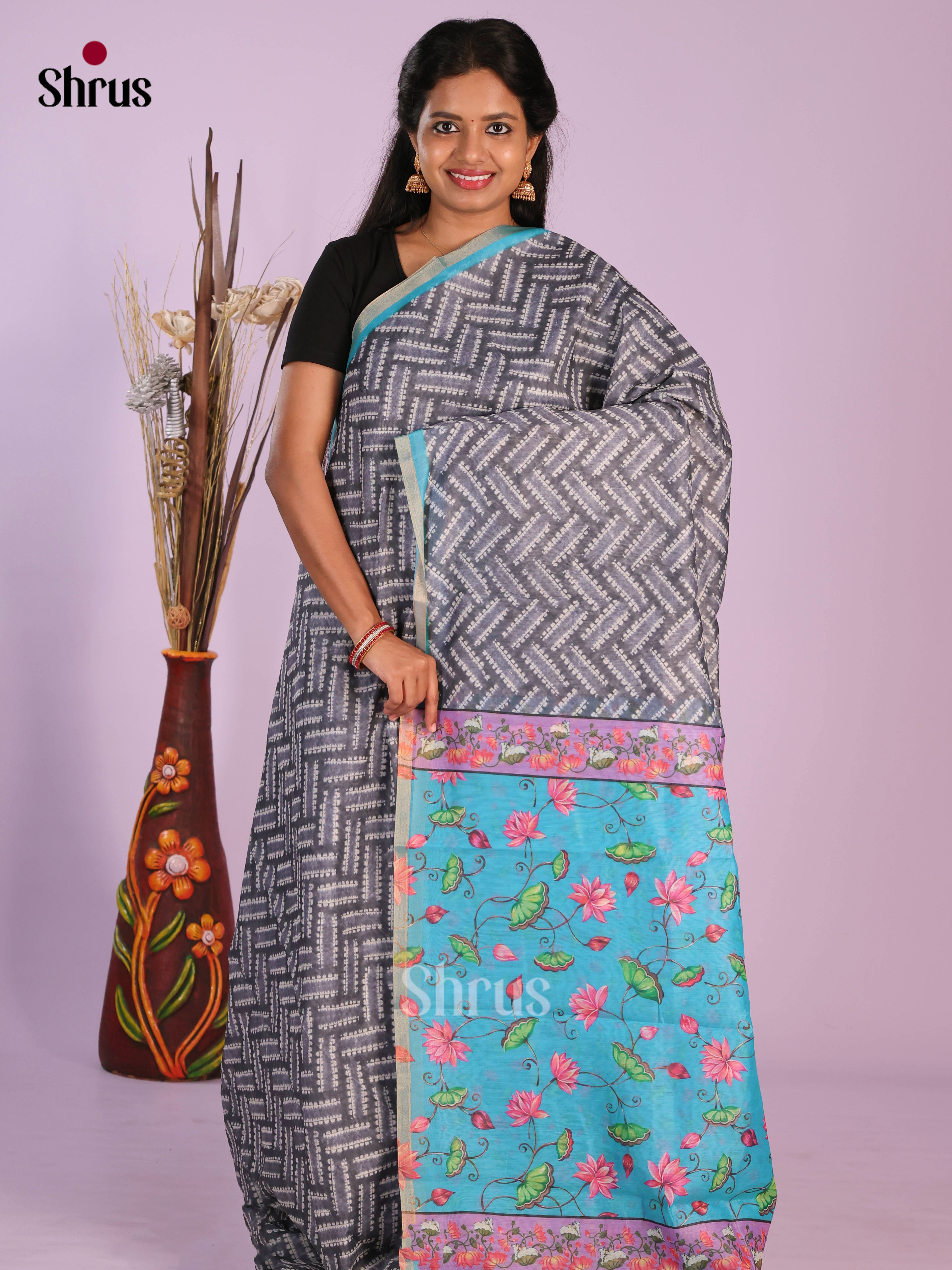 Grey & Blue - Linen Cotton Saree
