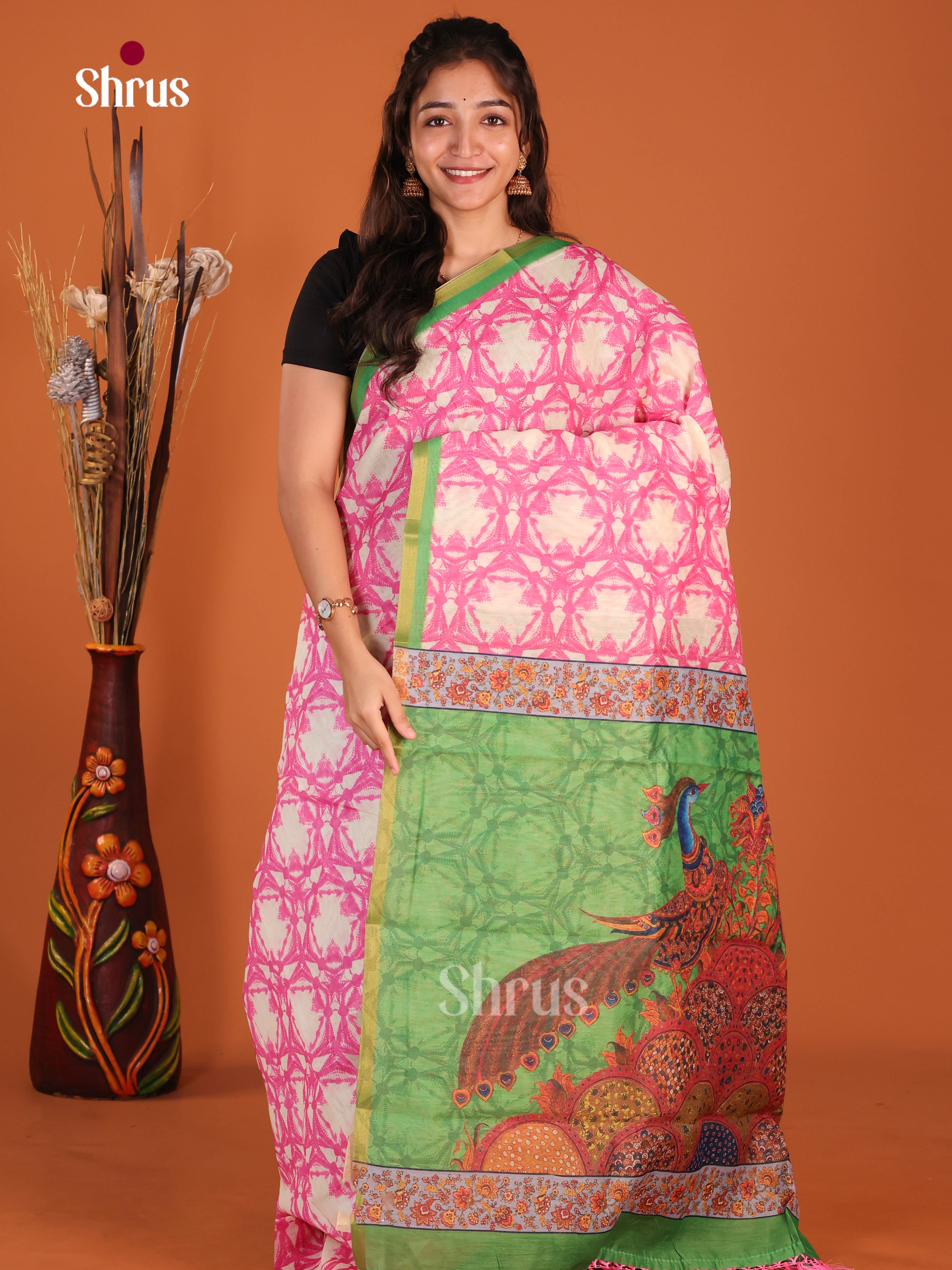 Pink & Green - Linen Cotton Saree