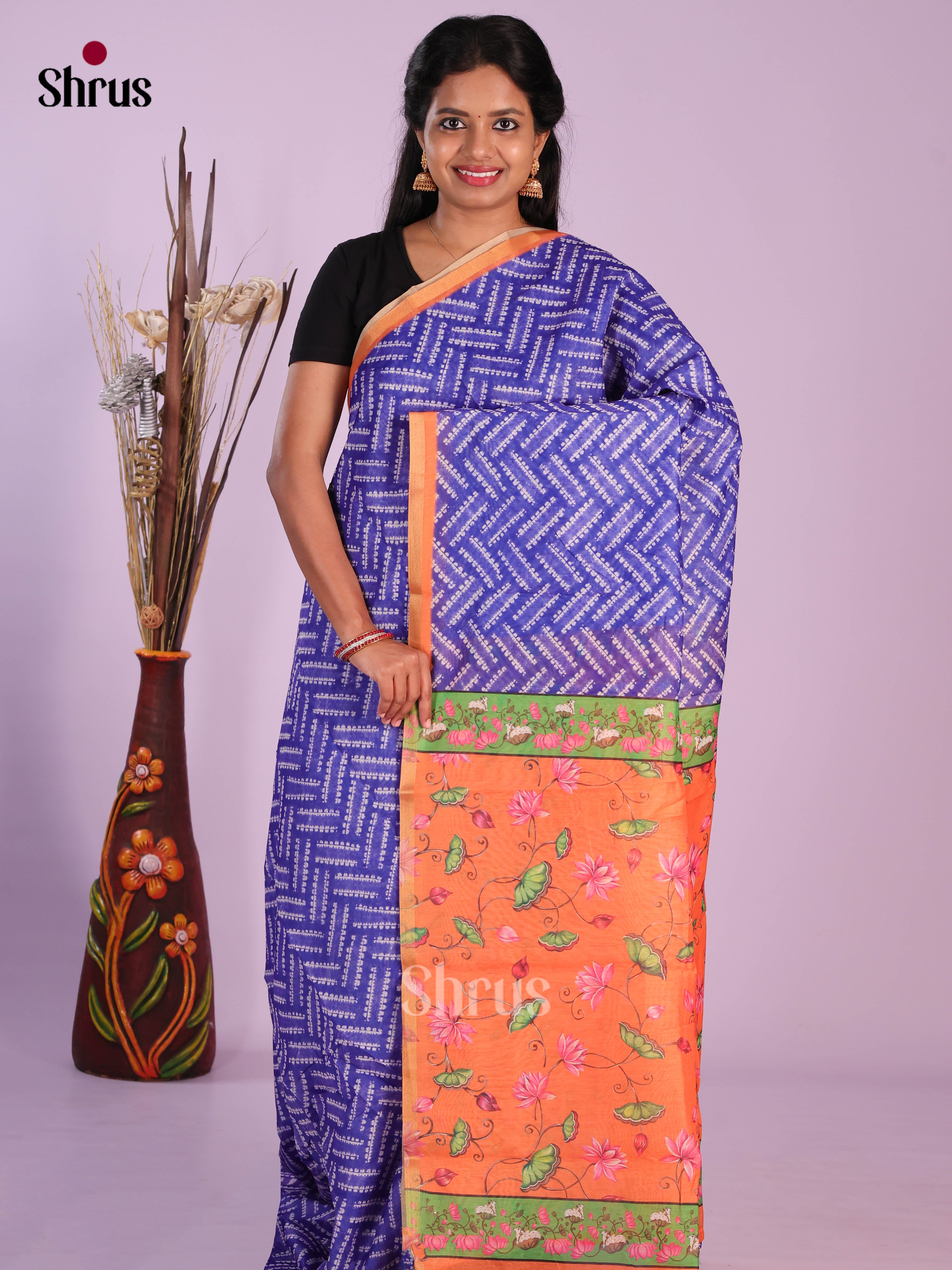 Blue & Orange - Linen Cotton Saree