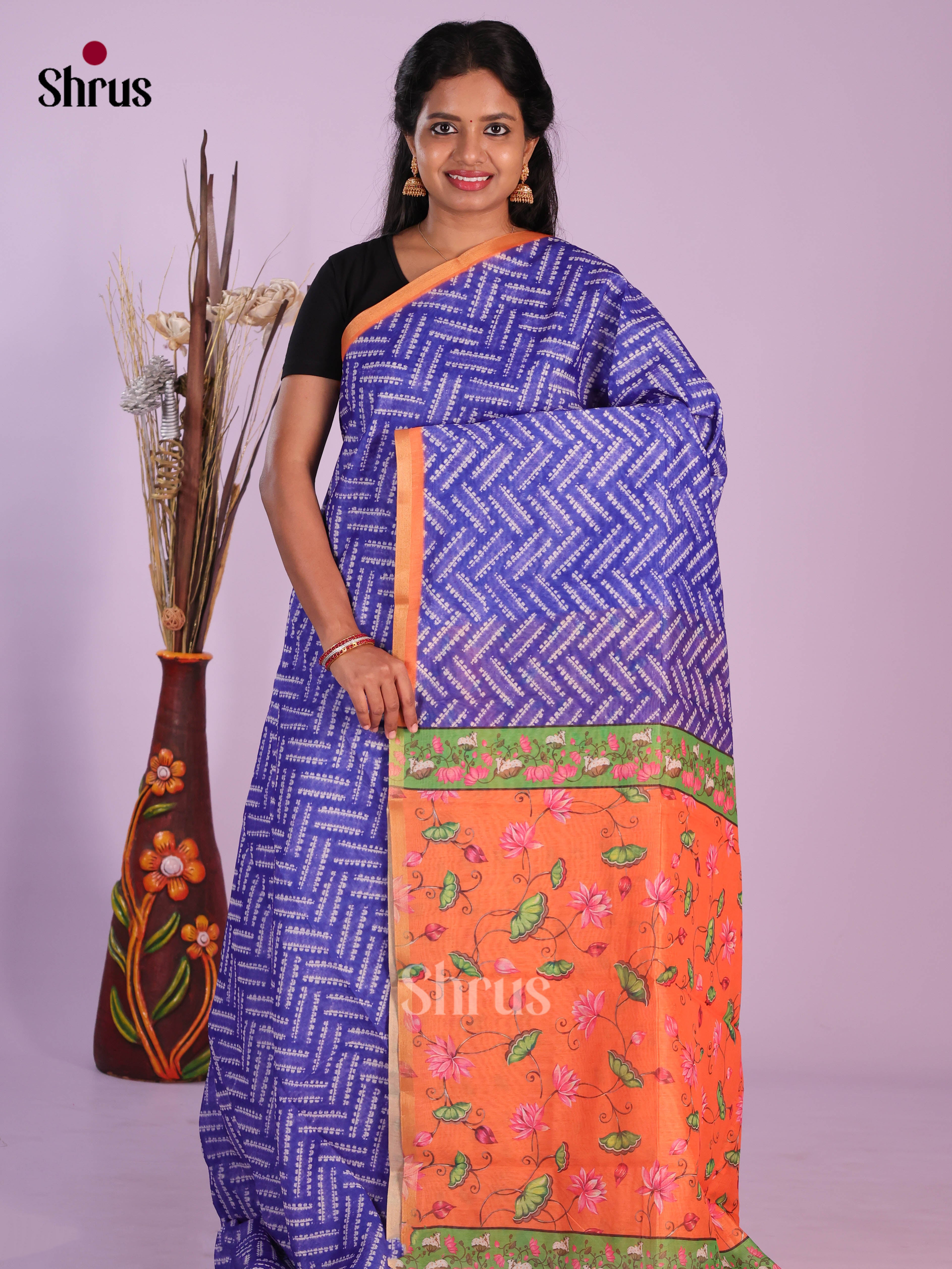 Blue & Orange - Linen Cotton Saree