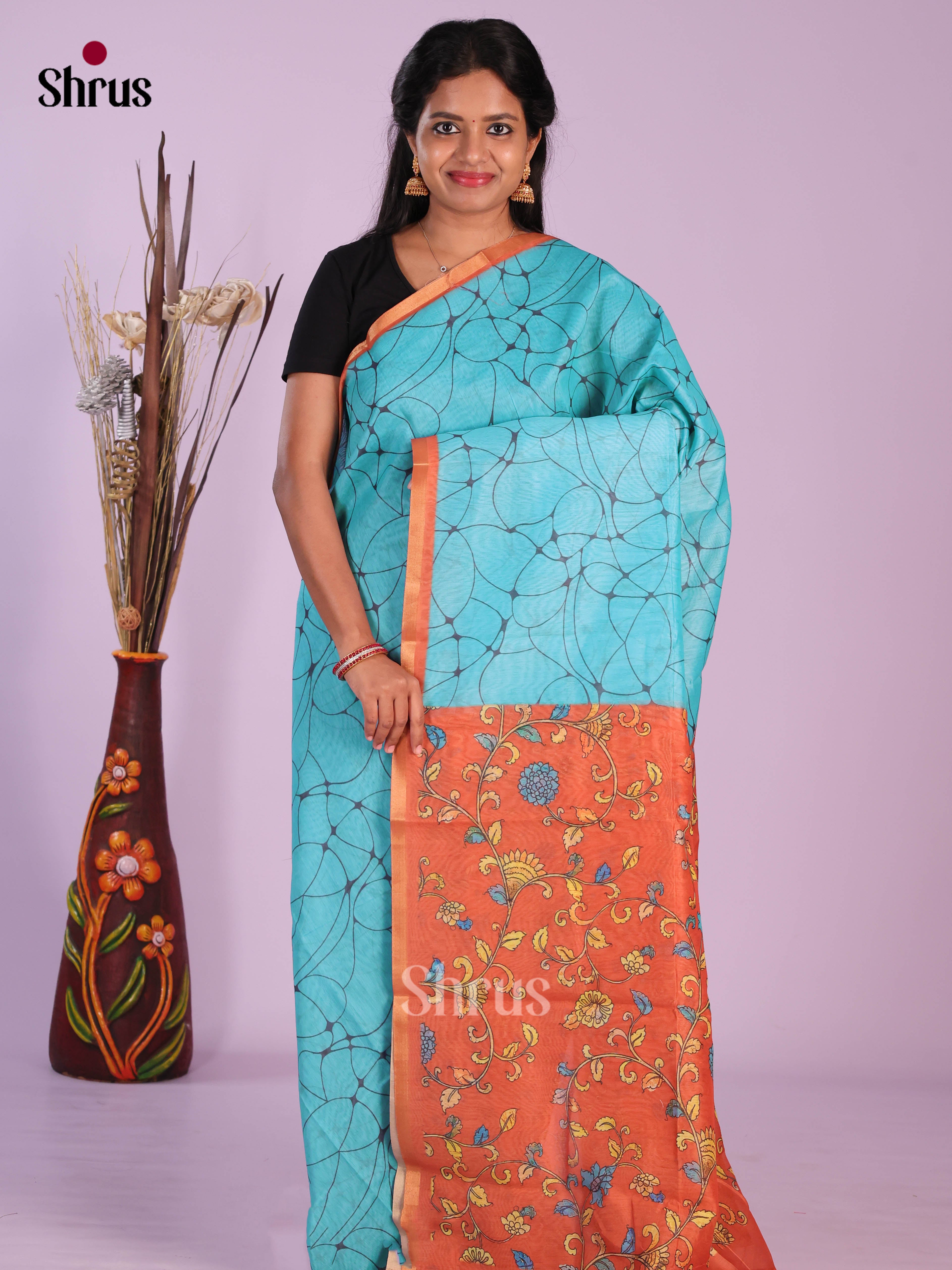 Blue & Orange - Linen Cotton Saree