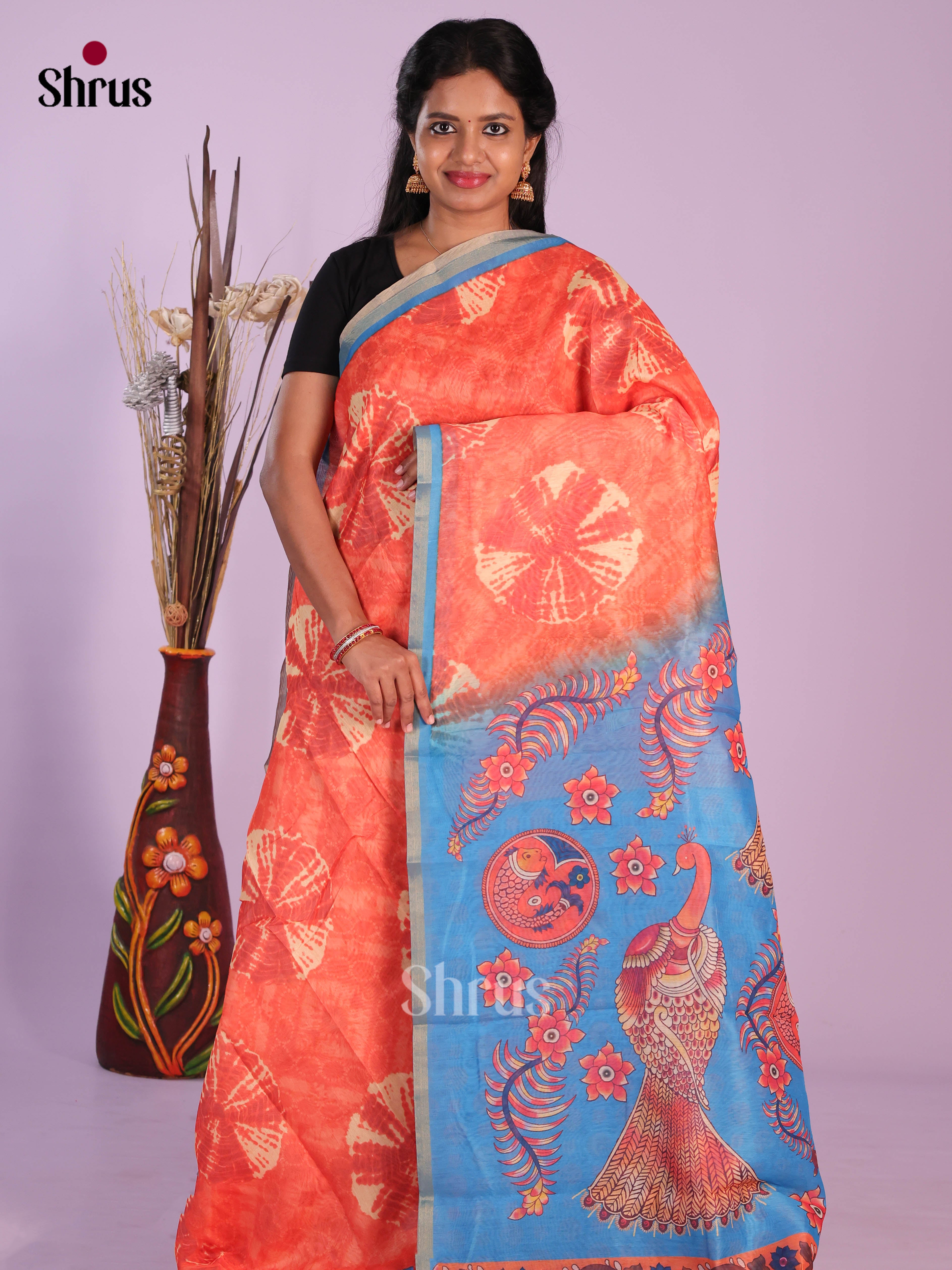 orange & Blue - Linen Cotton Saree - Shop on Shrus.com