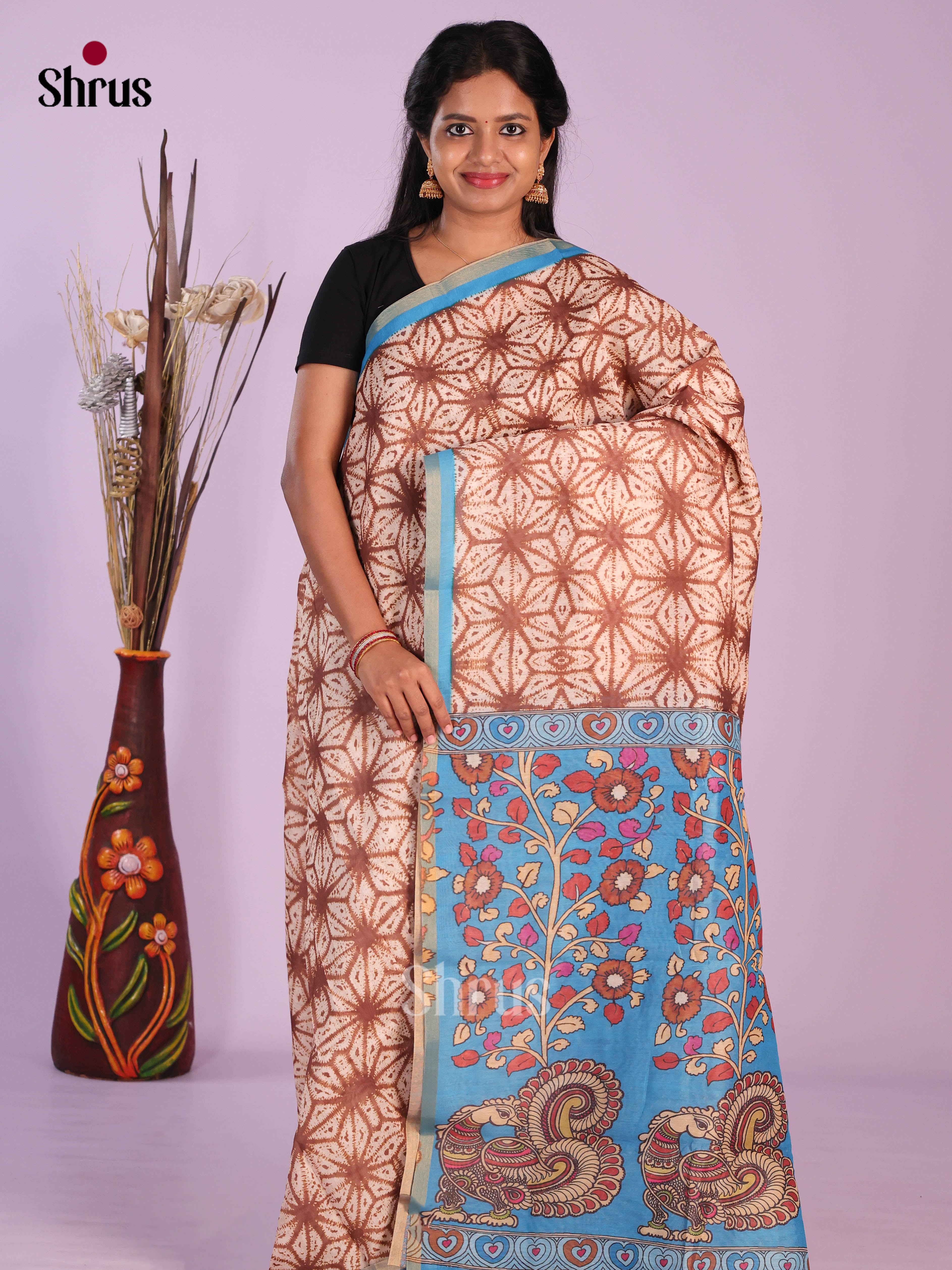 Brown & Blue - Linen Cotton Saree