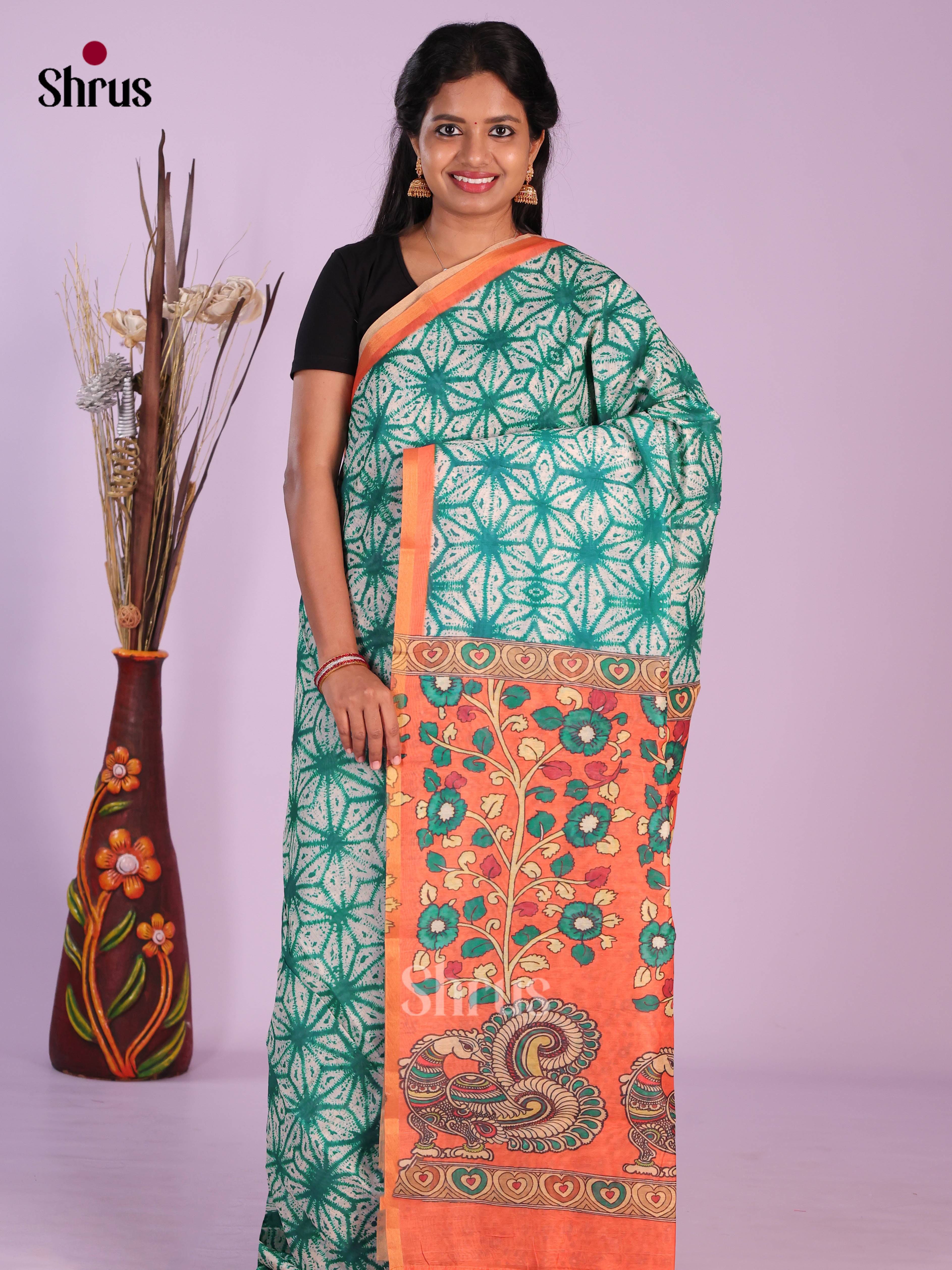 Green & Orange - Linen Cotton Saree