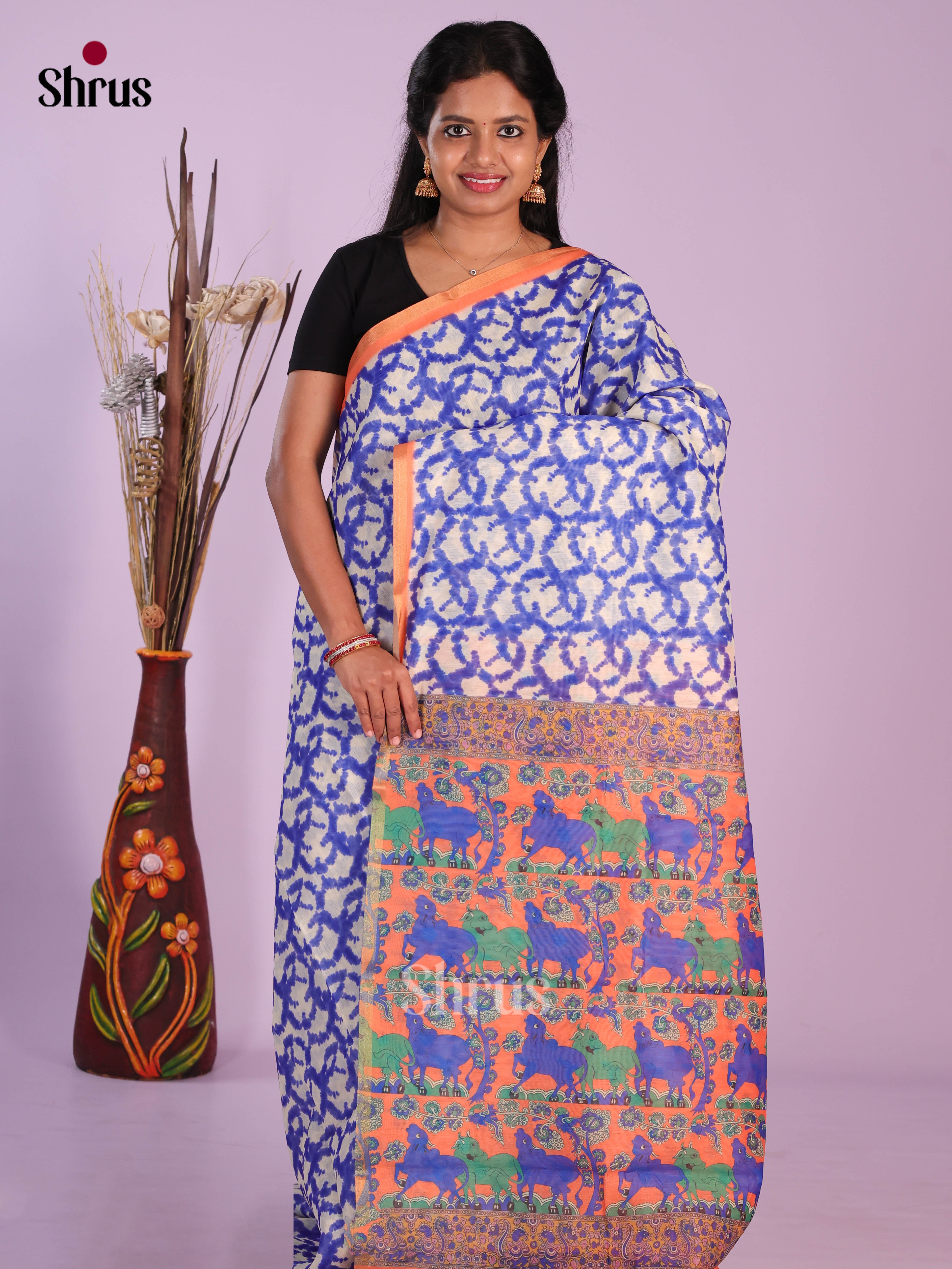 Blue & Orange - Linen Cotton Saree