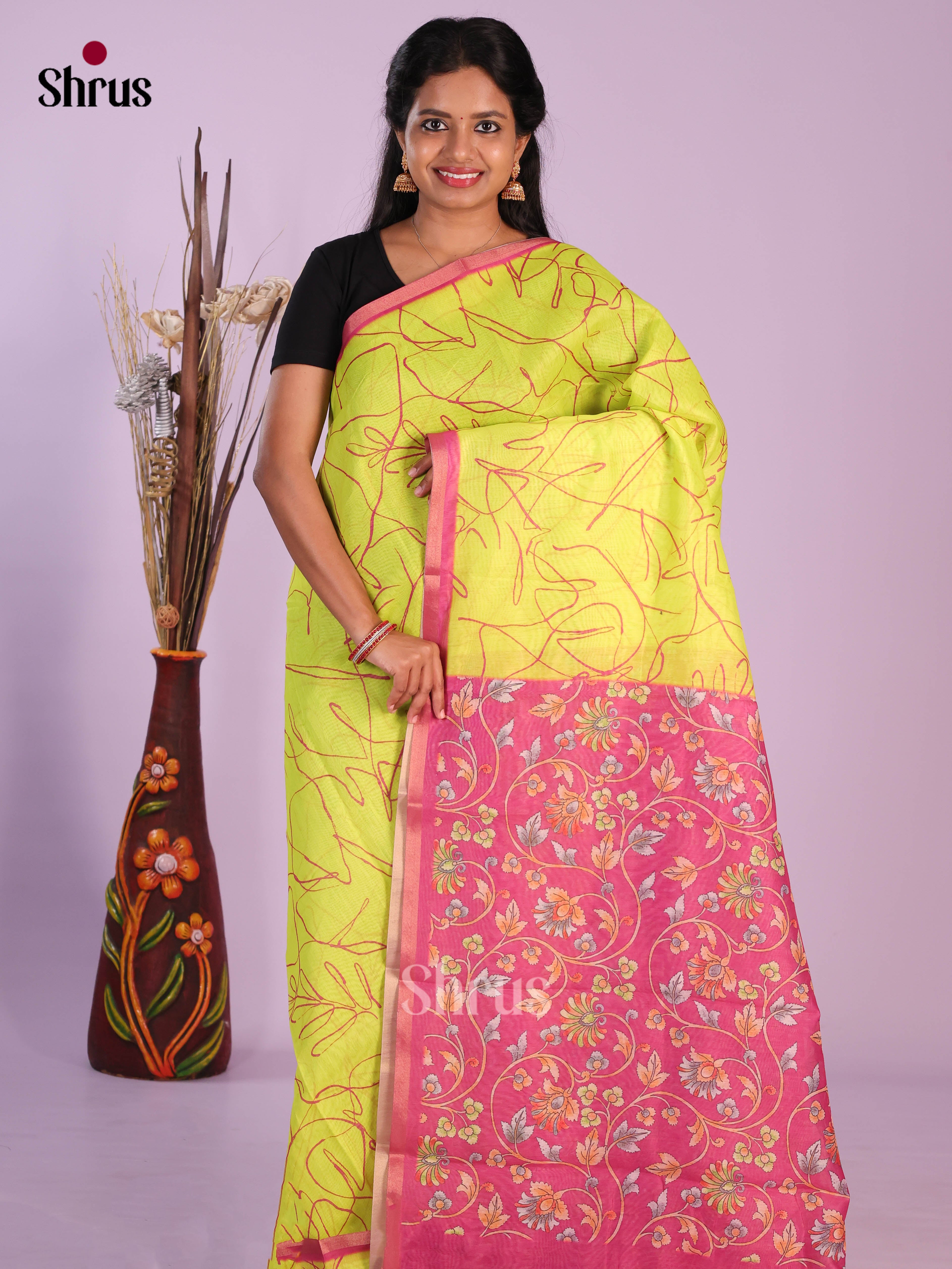 Light Green & Pink - Linen Cotton Saree