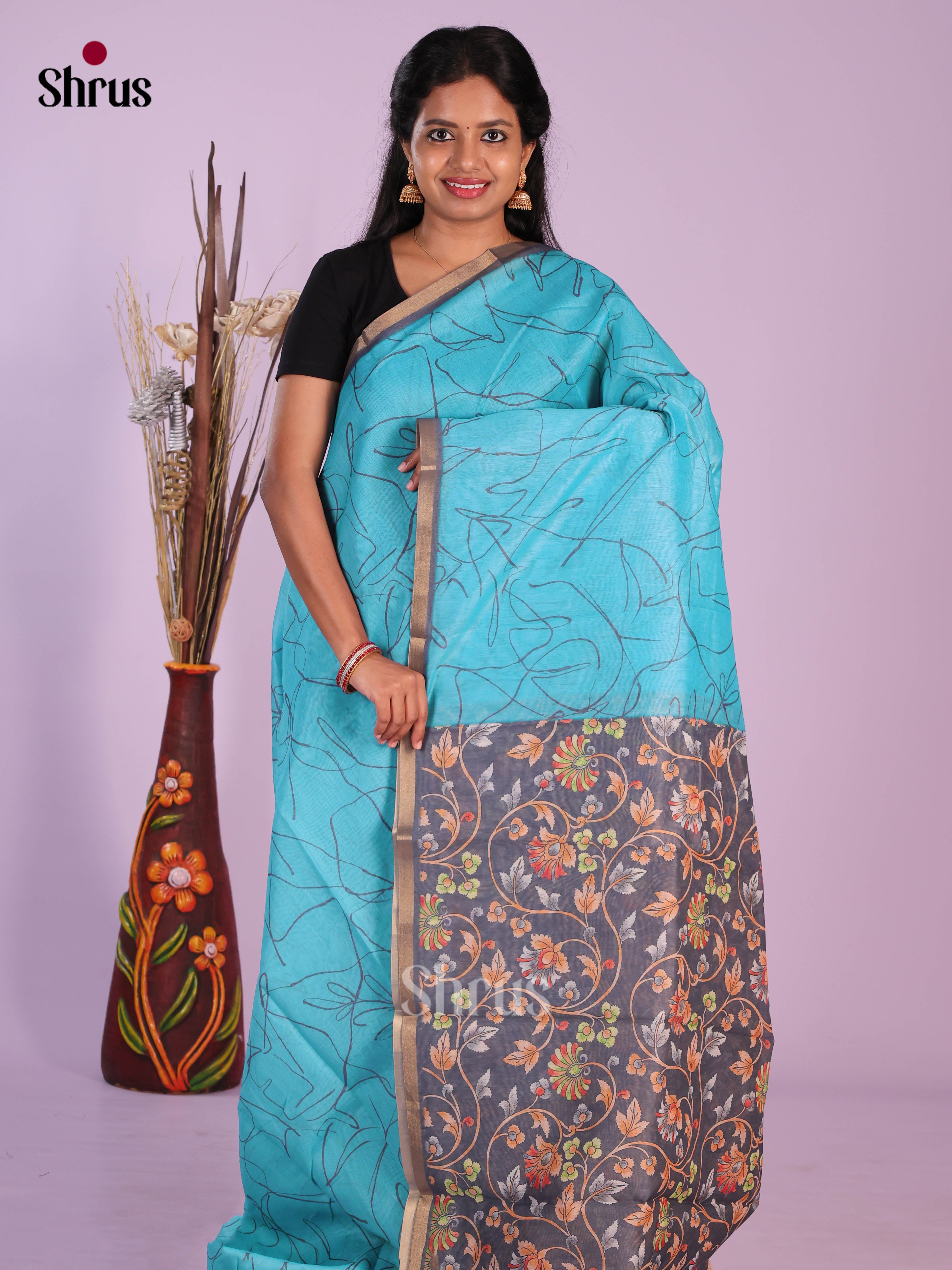 Blue & Grey - Linen Cotton Saree