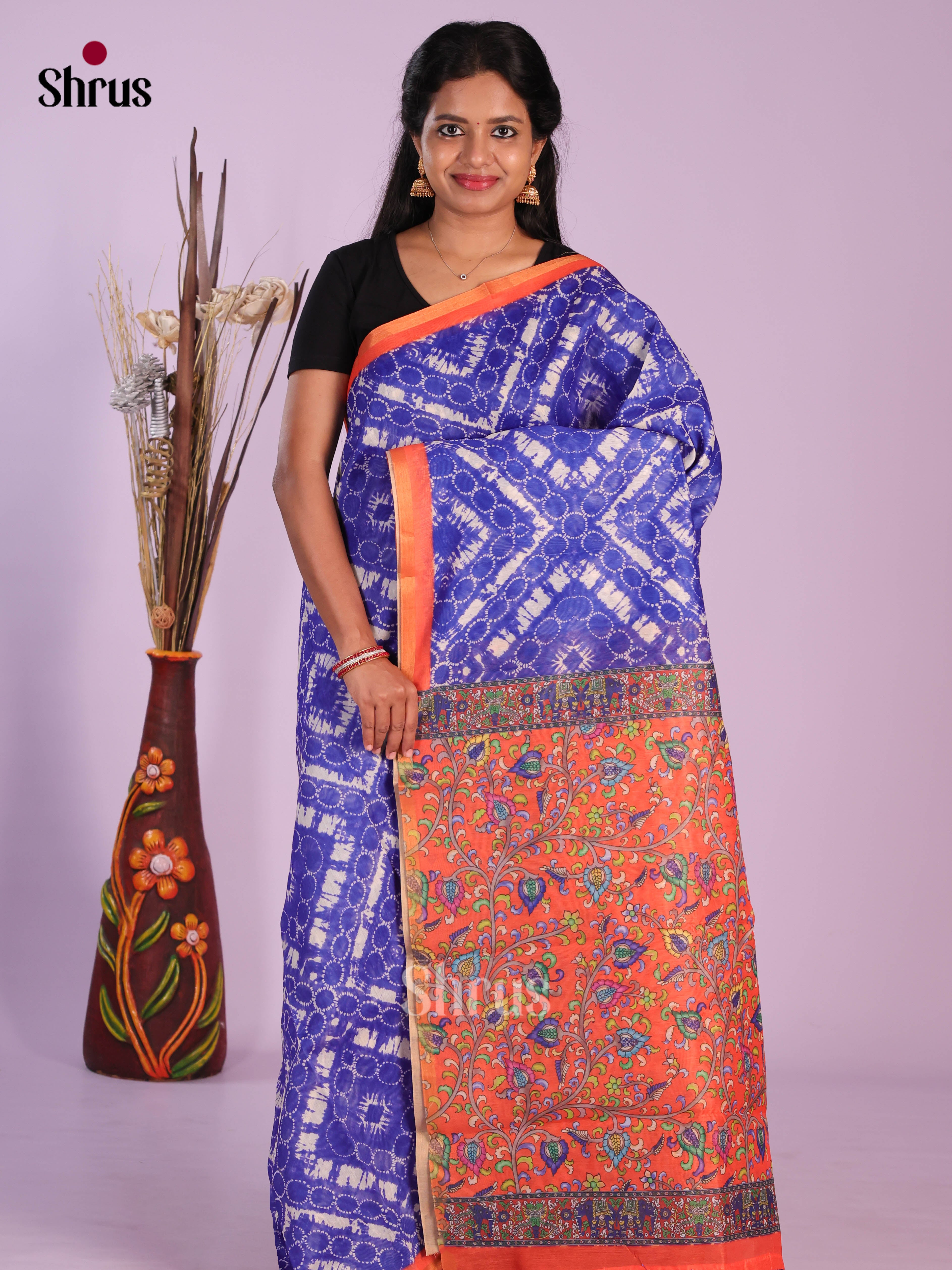 Blue & Orange - Linen Cotton Saree