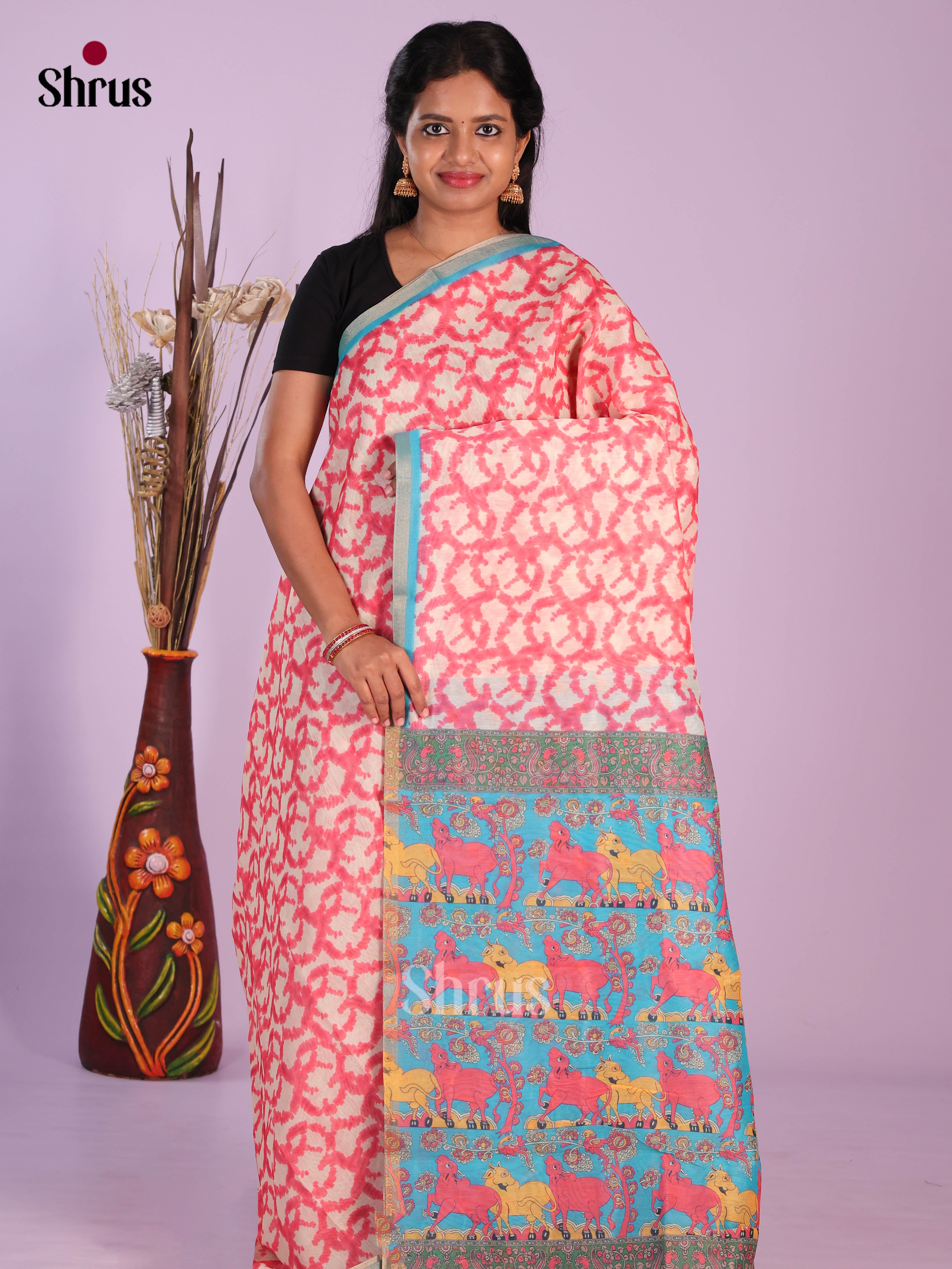 Pink & Blue- Linen Cotton Saree