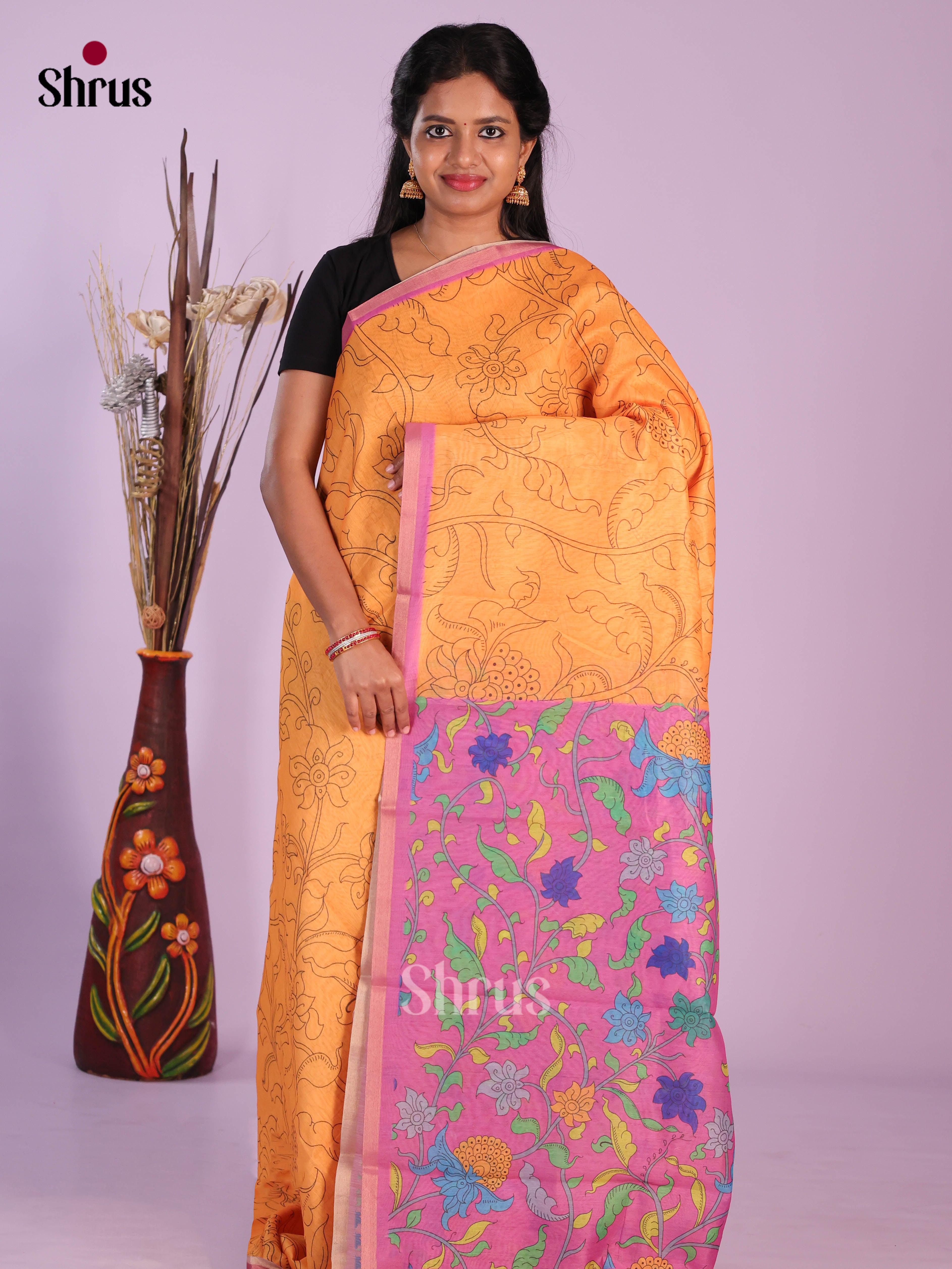 Orange & pink - Linen Cotton Saree