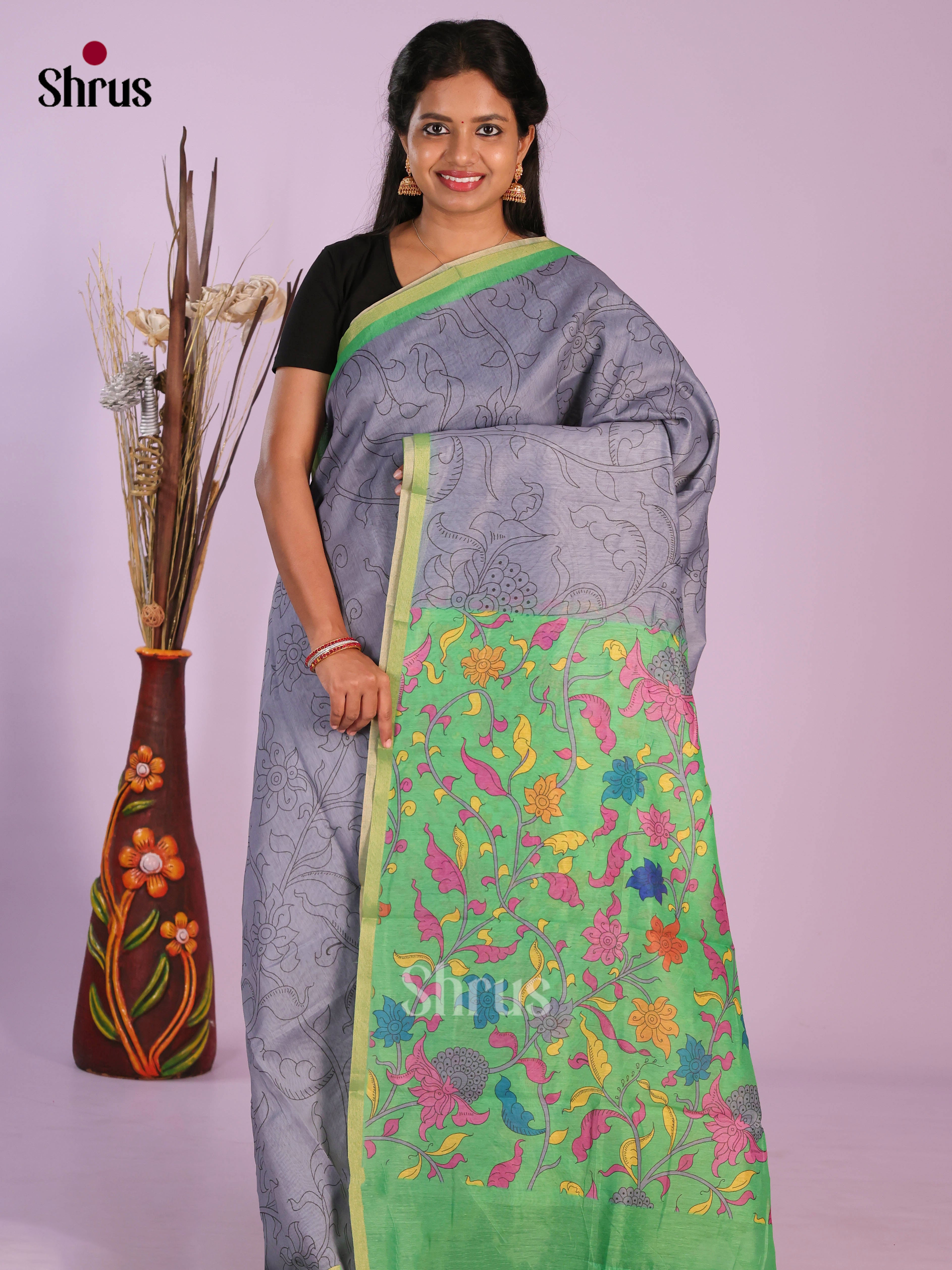 Grey & Green - Linen Cotton Saree