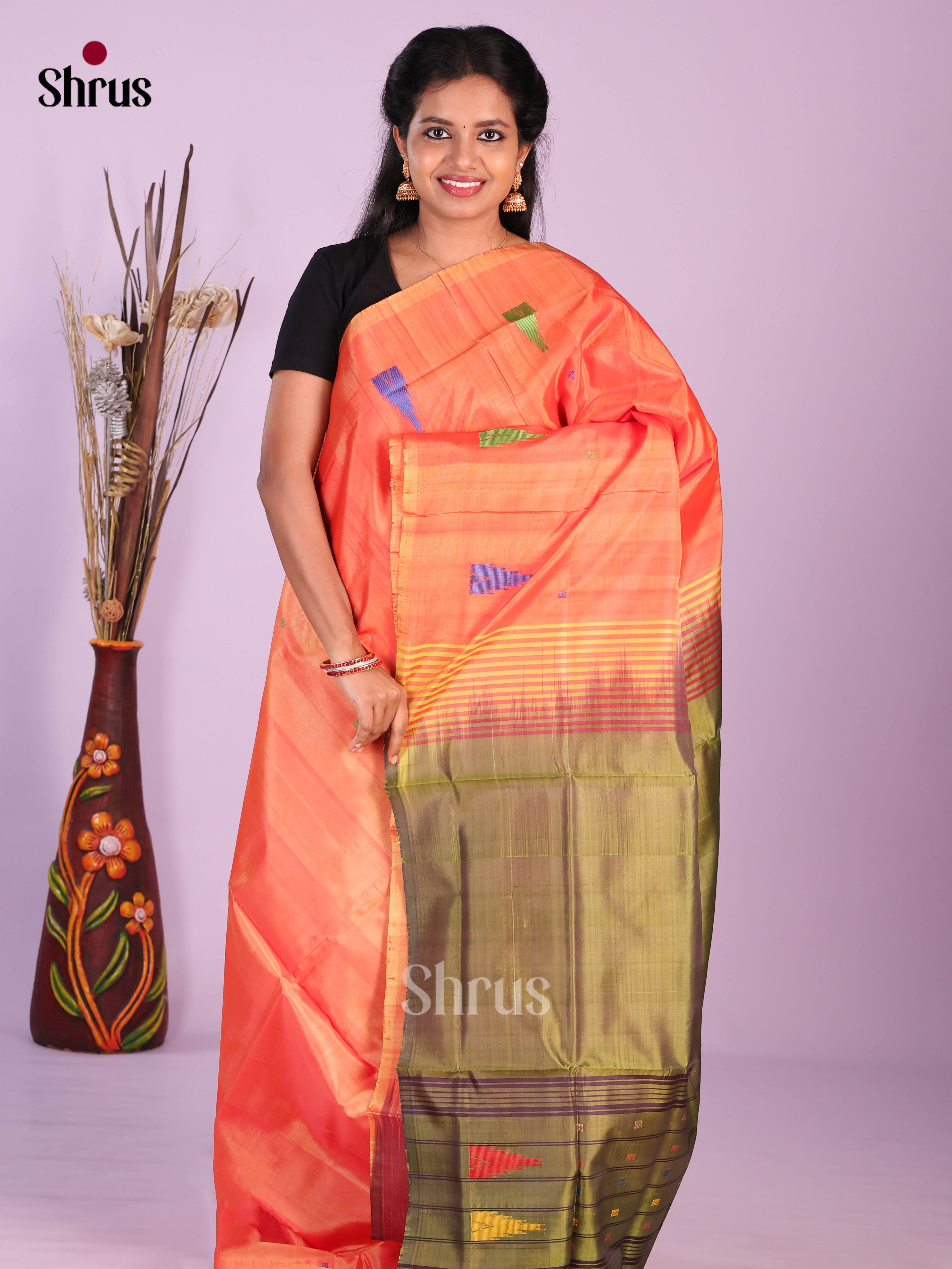 Orange & Green - Banana Pith without blouse Saree - Shop on Shrus.com