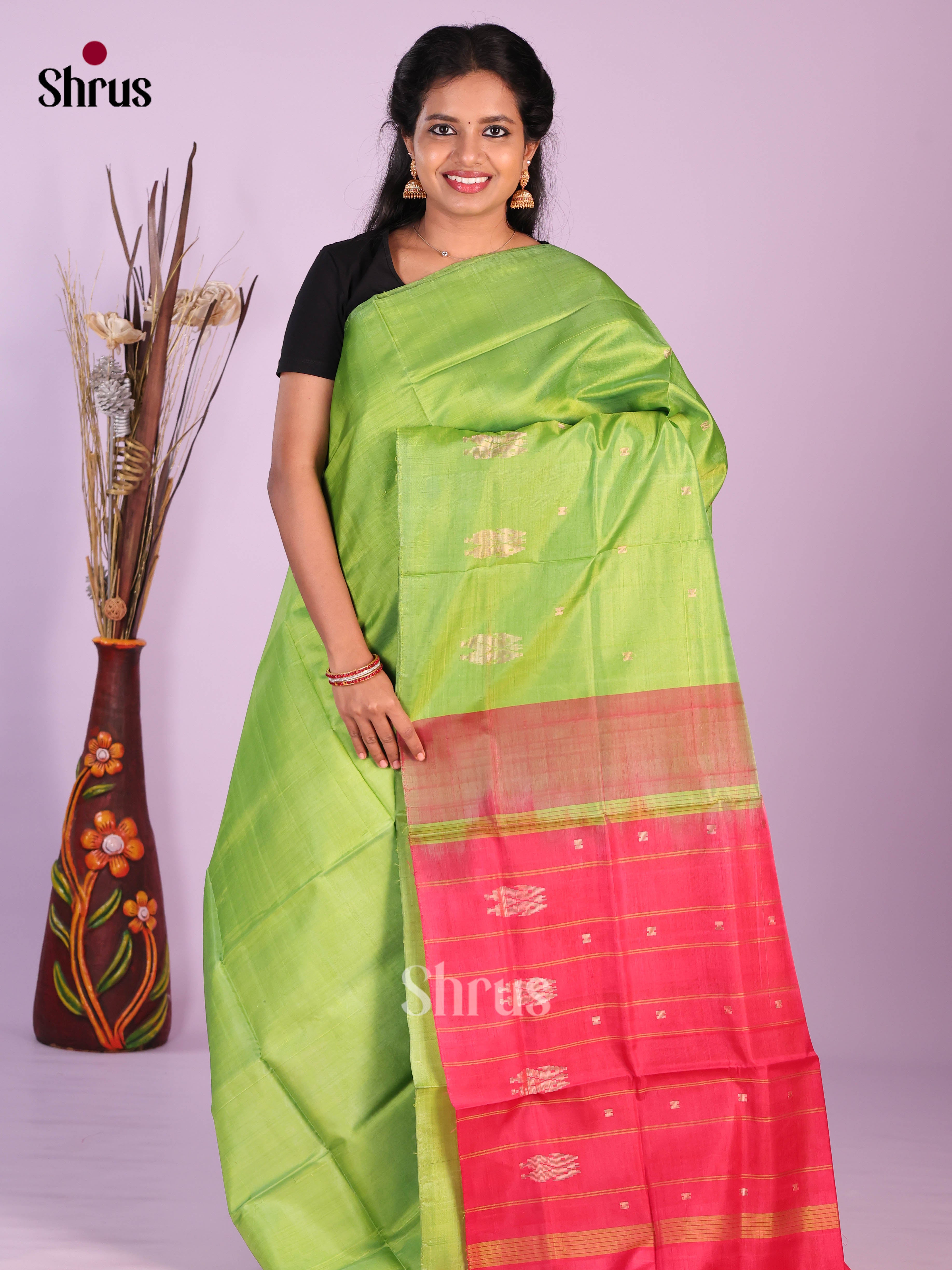 Light Green & Red - Banana Pith without blouse Saree - Shop on Shrus.com