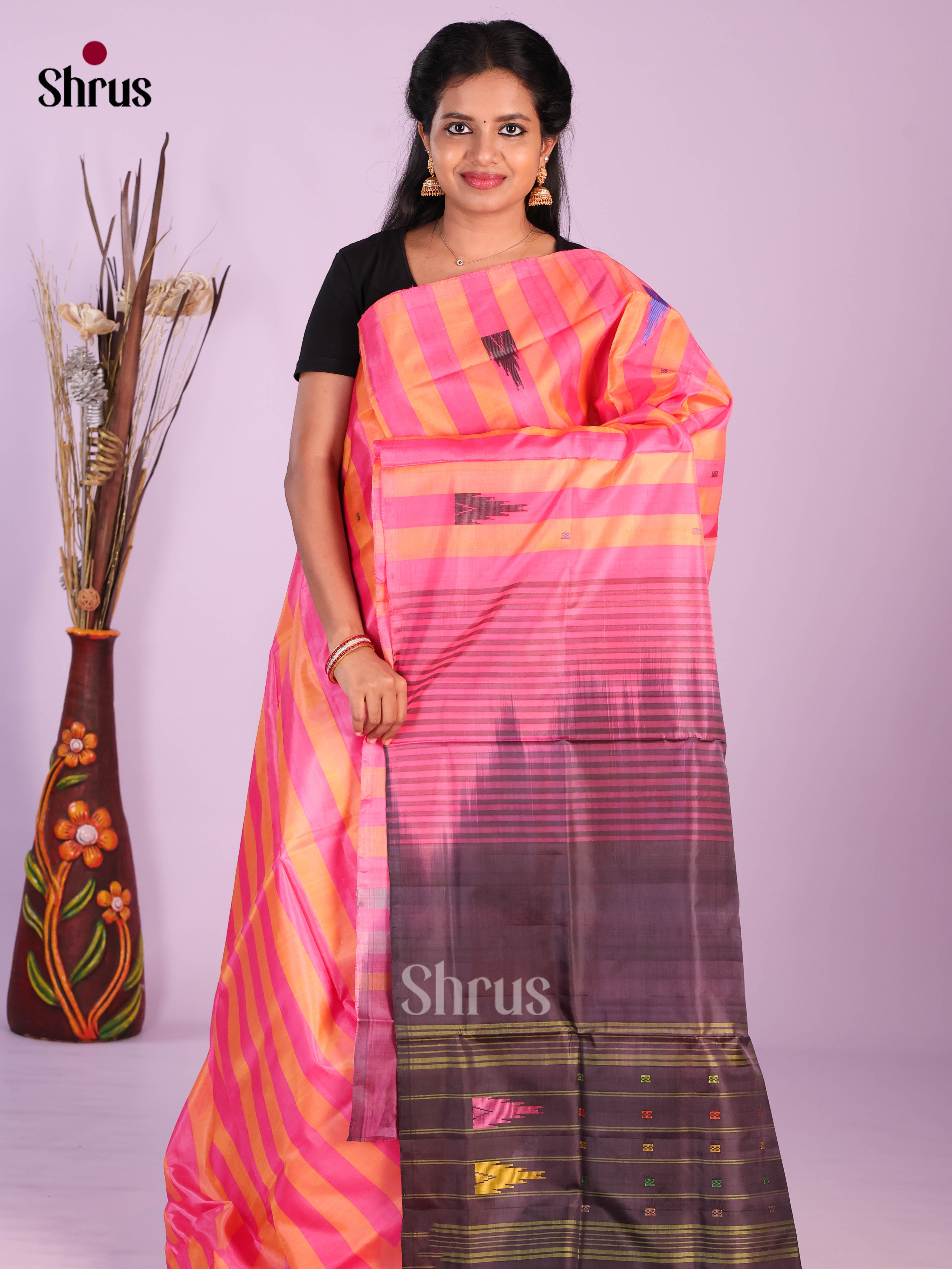 Pink & Jamun - Banana Pith without blouse Saree