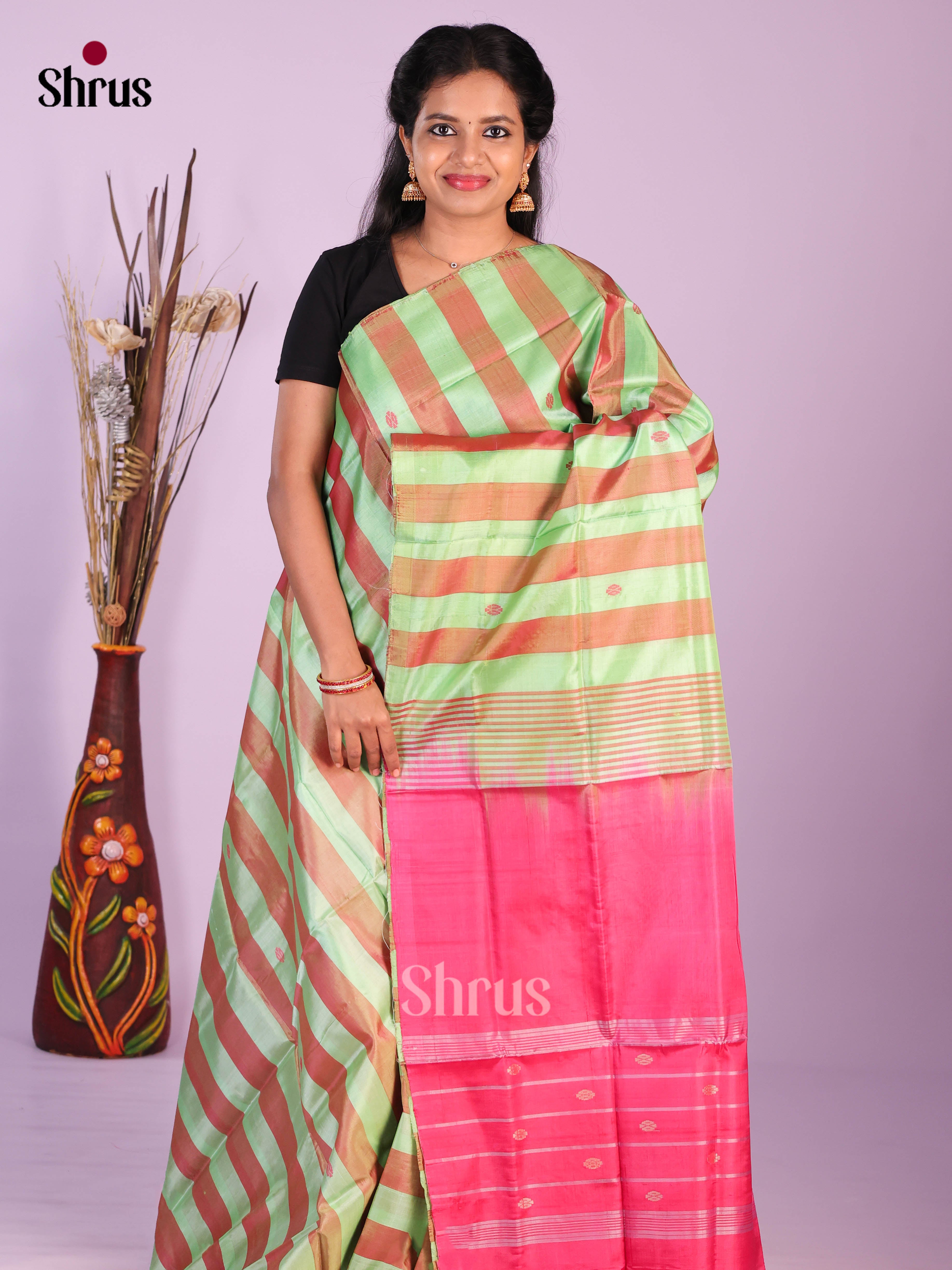 Pista Green & Pink - Banana Pith without blouse Saree