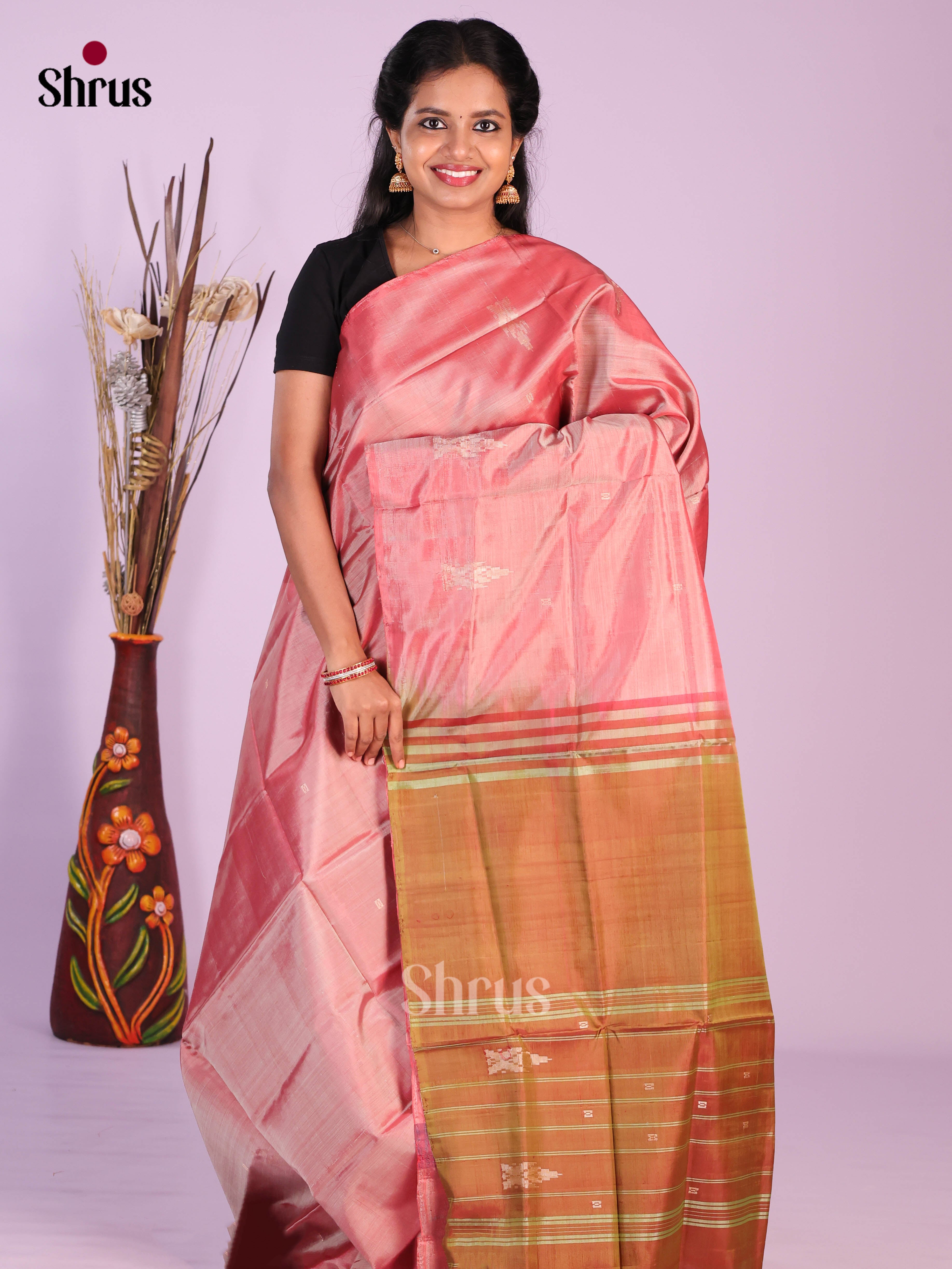 Pink & Double Shaded Mustard - Banana Pith without blouse Saree - Shop on Shrus.com