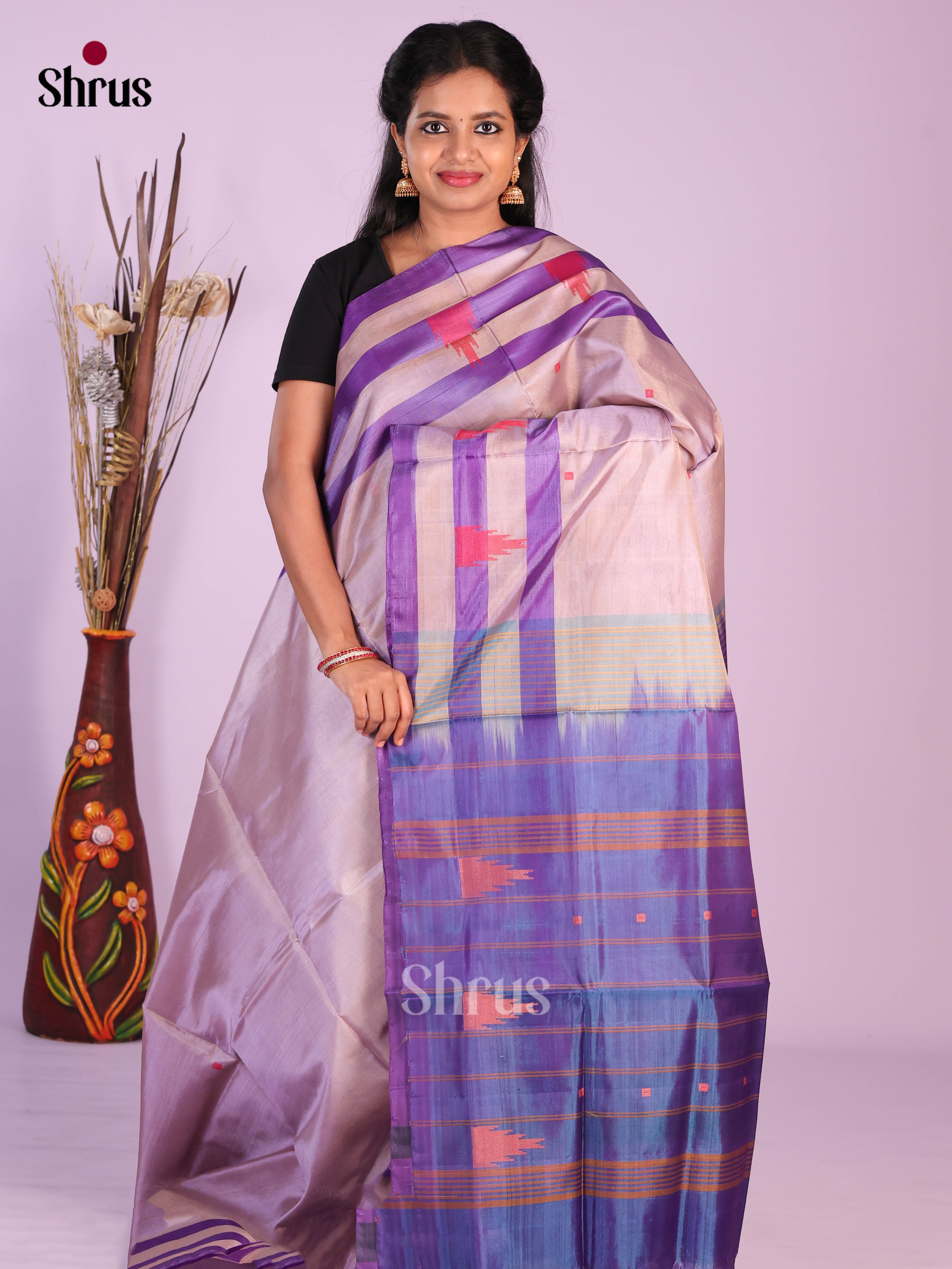 Mild Lavender & Blue - Banana Pith without blouse Saree - Shop on Shrus.com