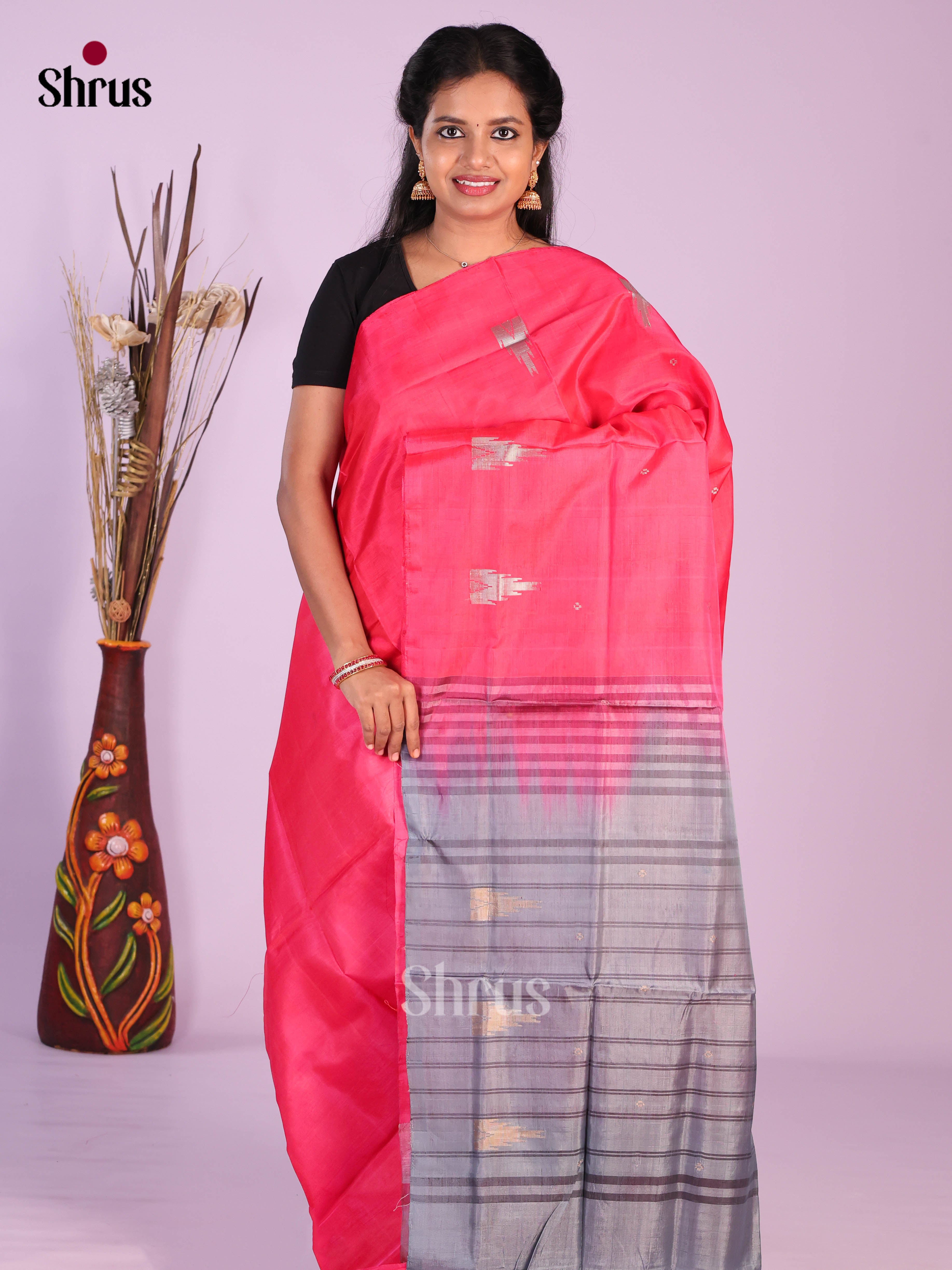 Pink & Grey - Banana Pith without blouse Saree - Shop on Shrus.com
