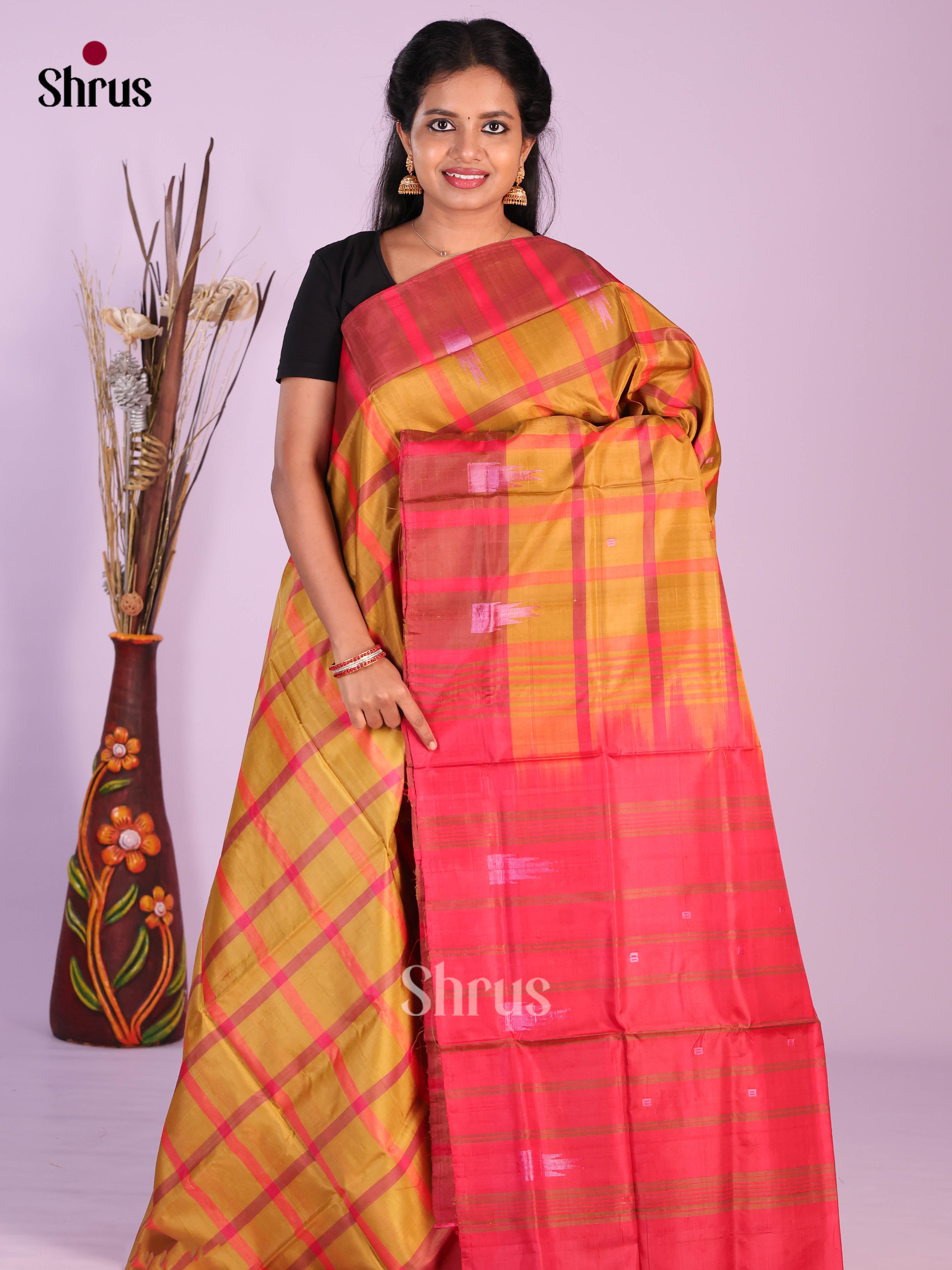 Mustard & Maroon - Banana Pith without blouse Saree - Shop on Shrus.com