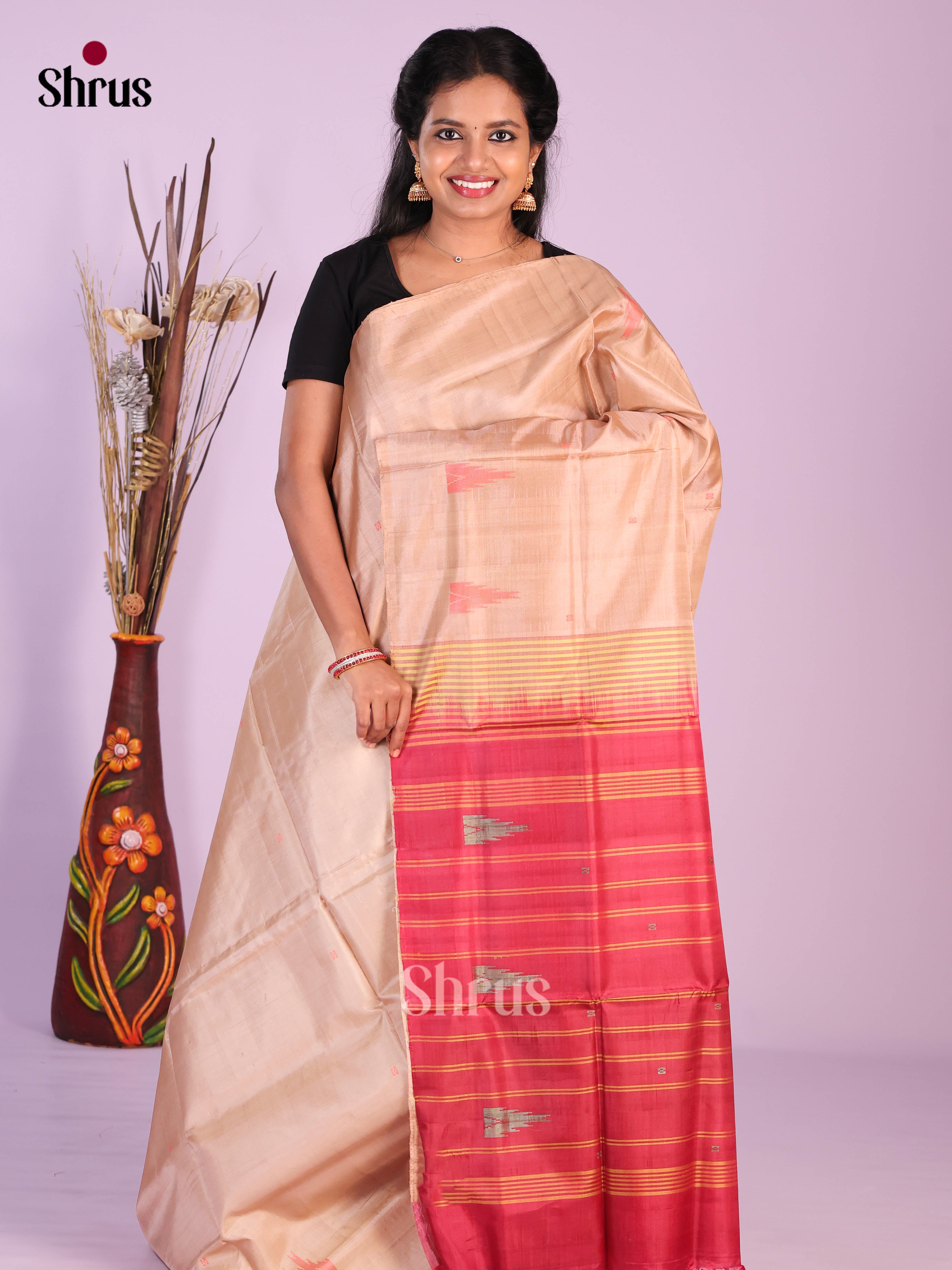 Dusty Brown & Maroon- Banana Pith without blouse Saree - Shop on Shrus.com
