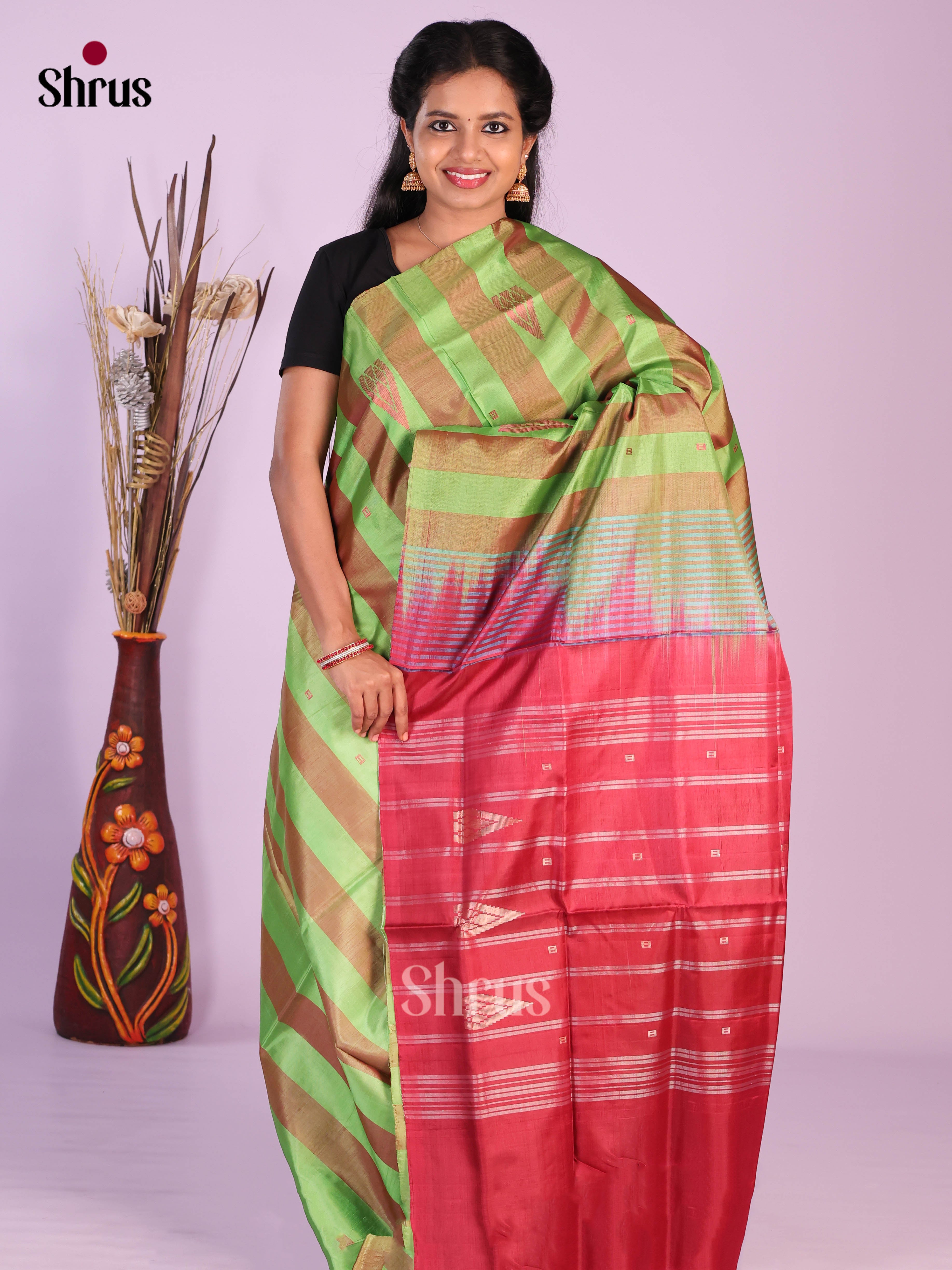 Green & Maroon- Banana Pith without blouse Saree - Shop on Shrus.com