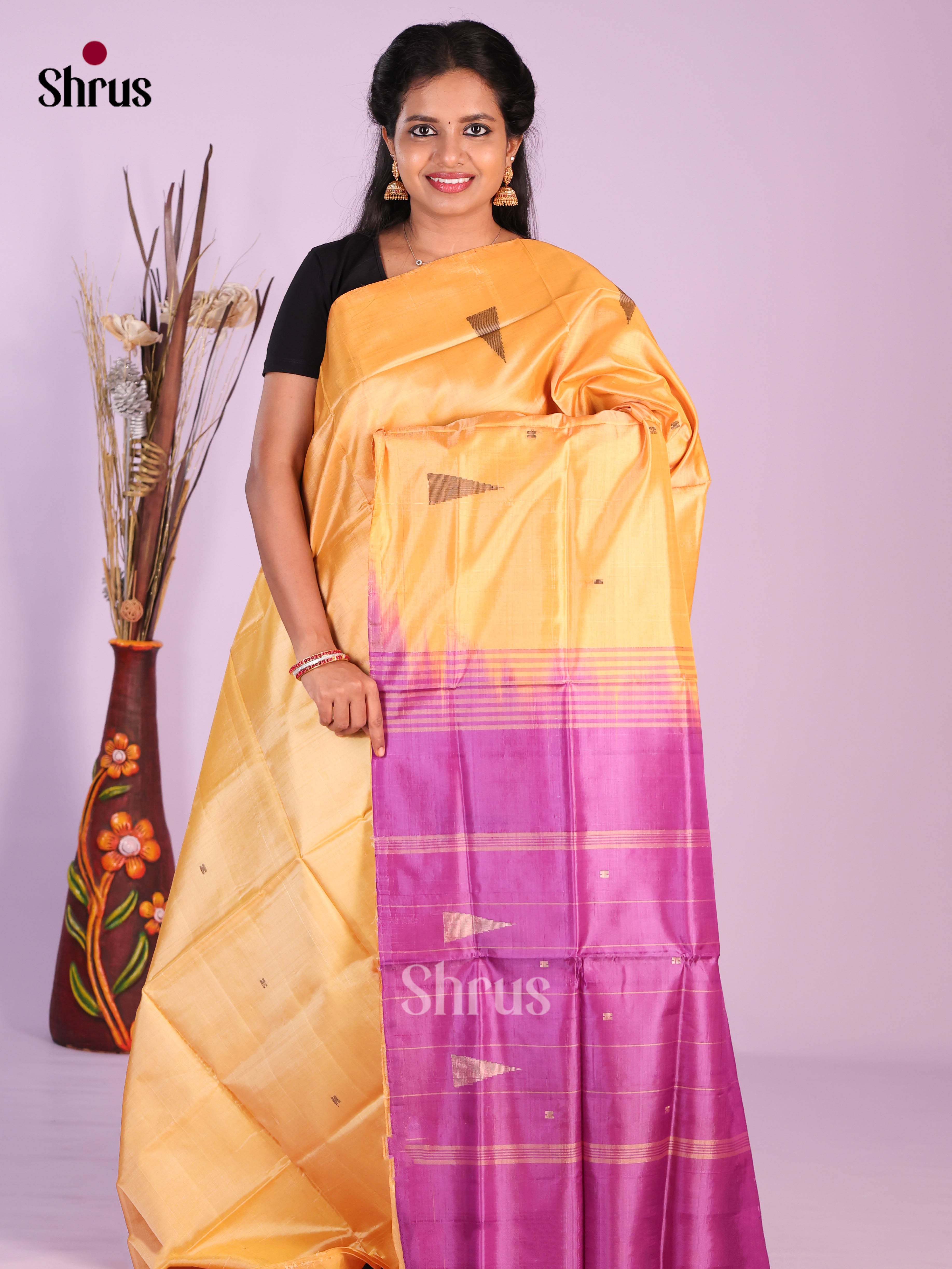 Mustard & Purple - Banana Pith without blouse Saree - Shop on Shrus.com