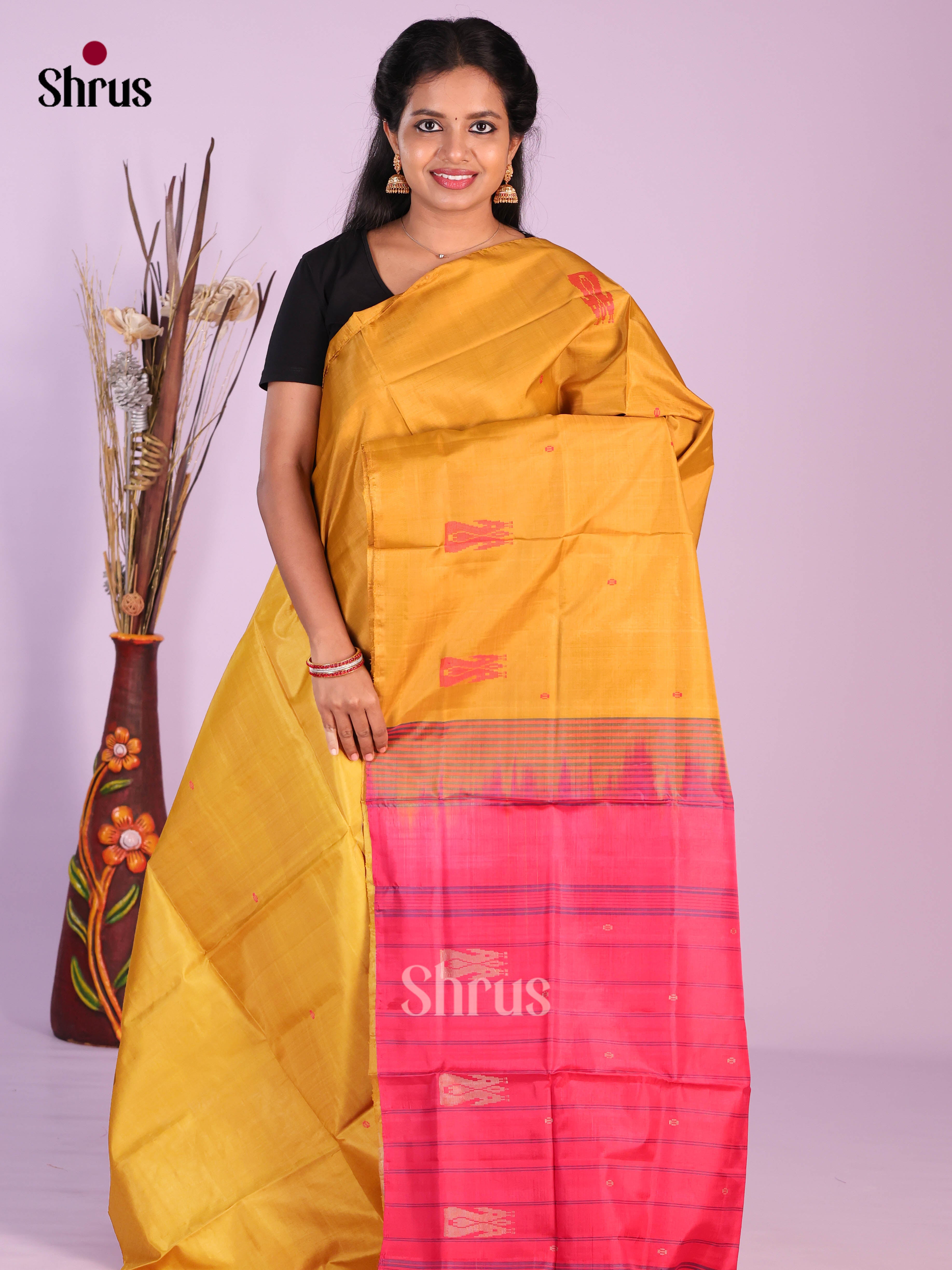 Yellow & Pink - Banana Pith without blouse Saree
