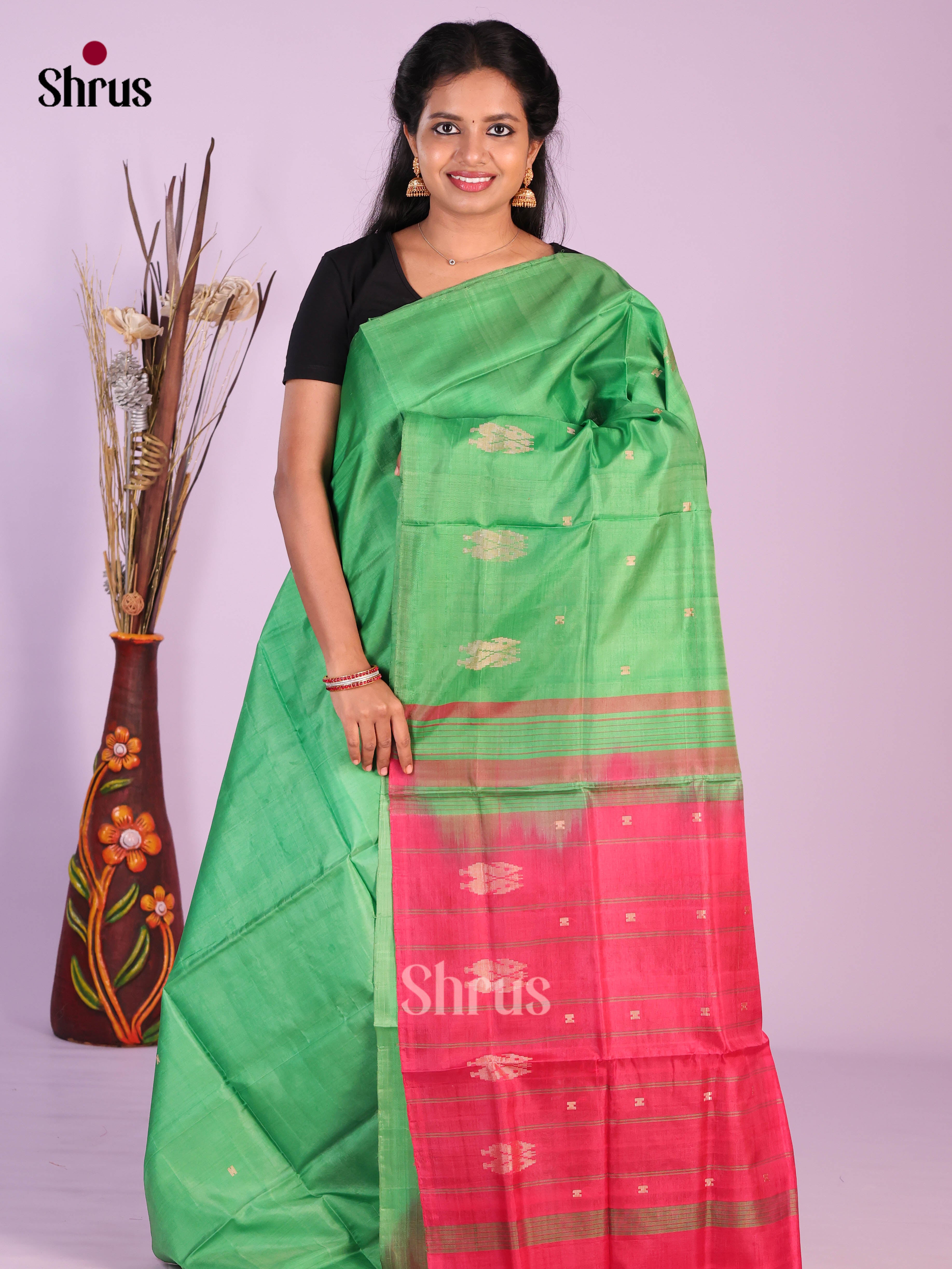 Green & Pink - Banana Pith without blouse Saree - Shop on Shrus.com