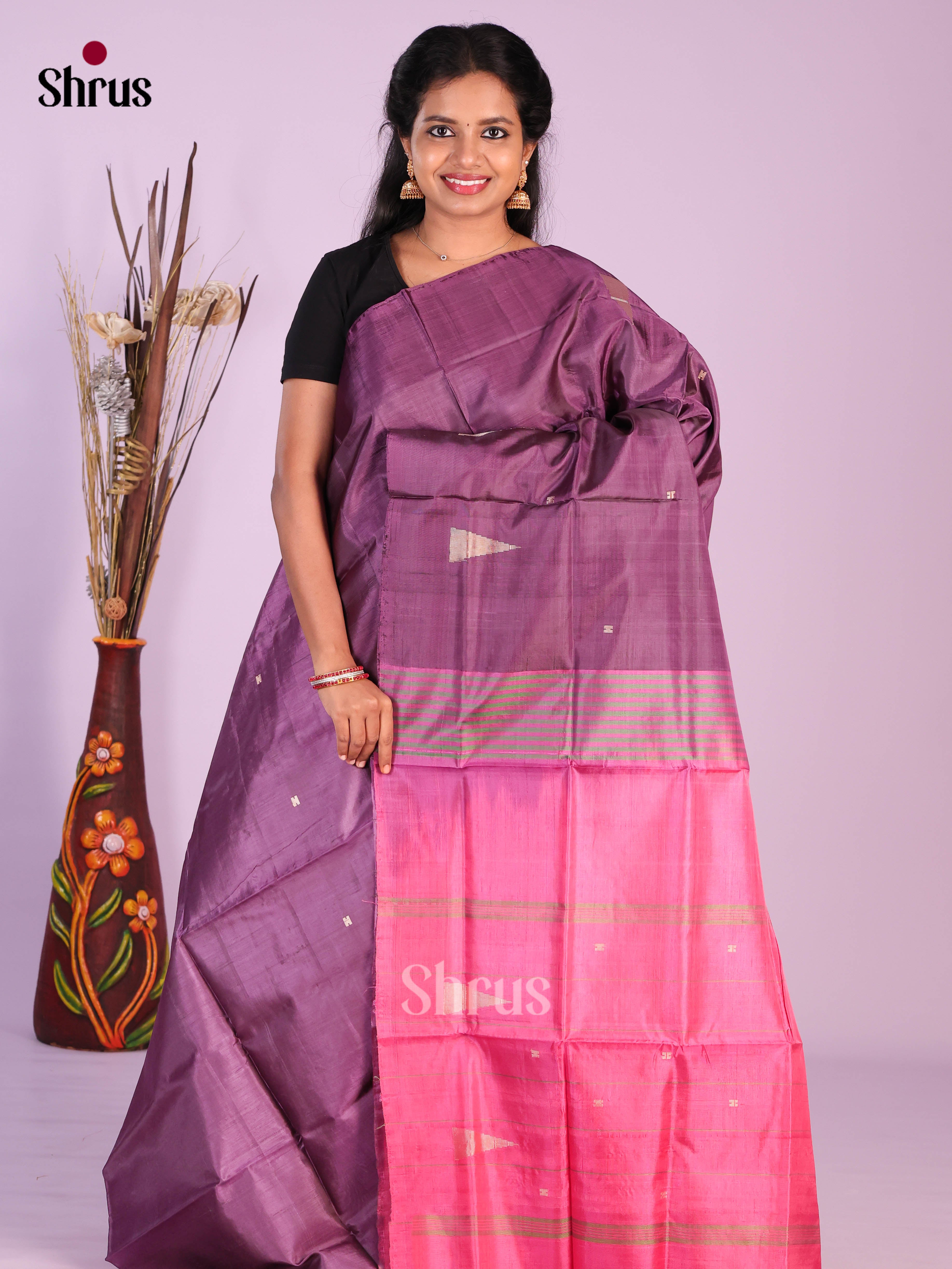 Purple & Pink - Banana Pith without blouse Saree - Shop on Shrus.com