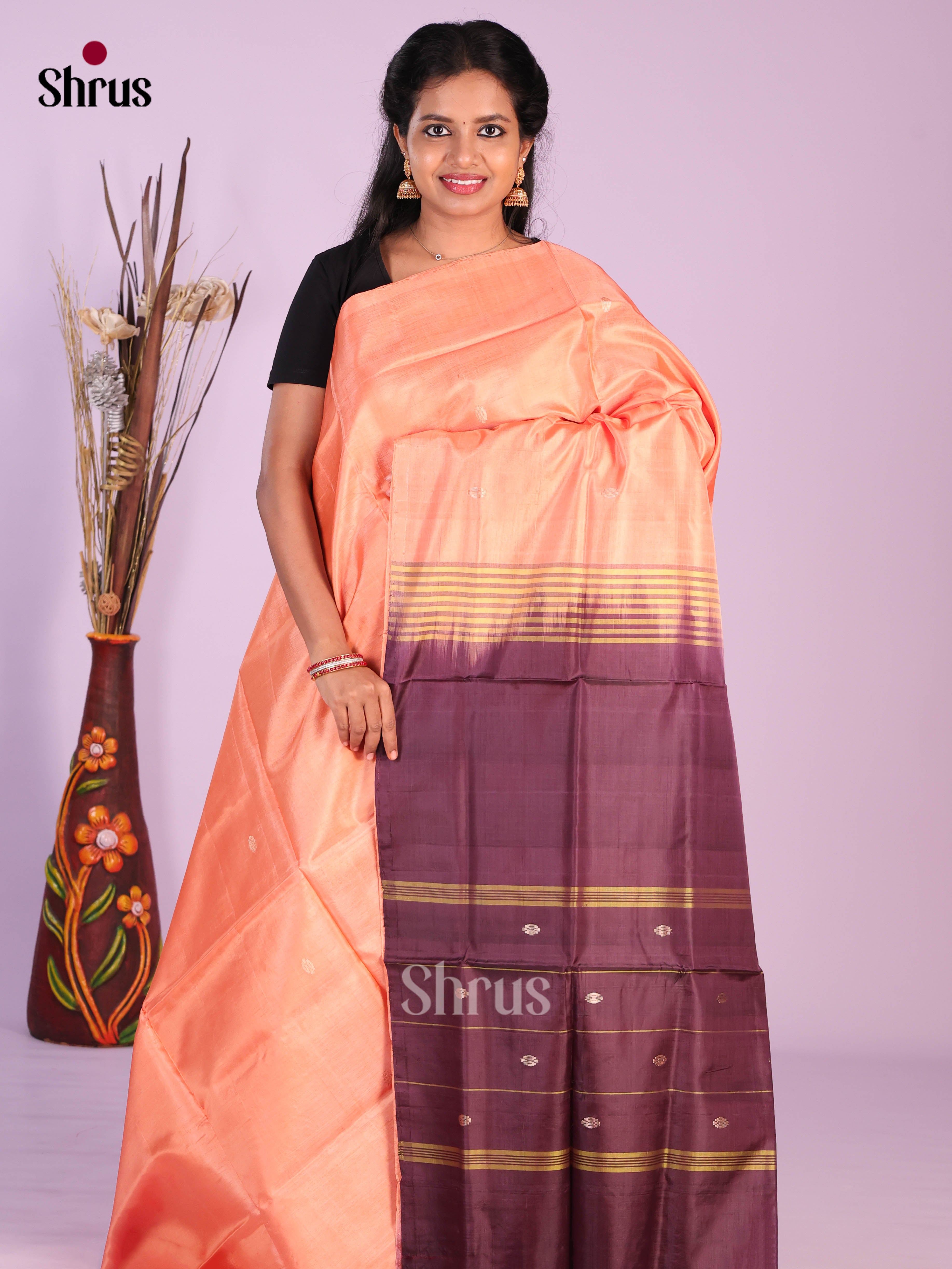 Peach & Purple - Banana Pith without blouse Saree - Shop on Shrus.com