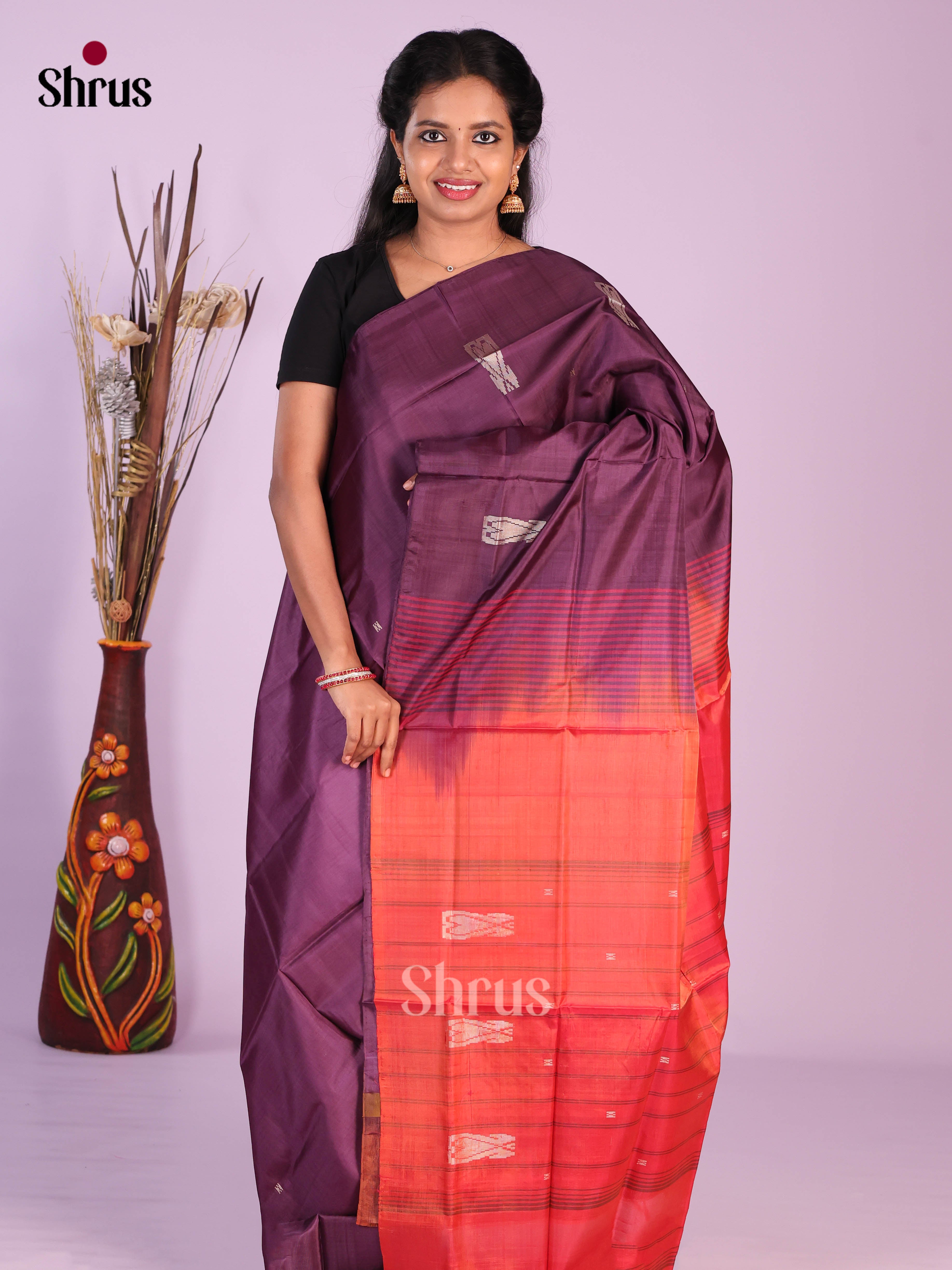Jamun & Orange - Banana Pith without blouse Saree - Shop on Shrus.com