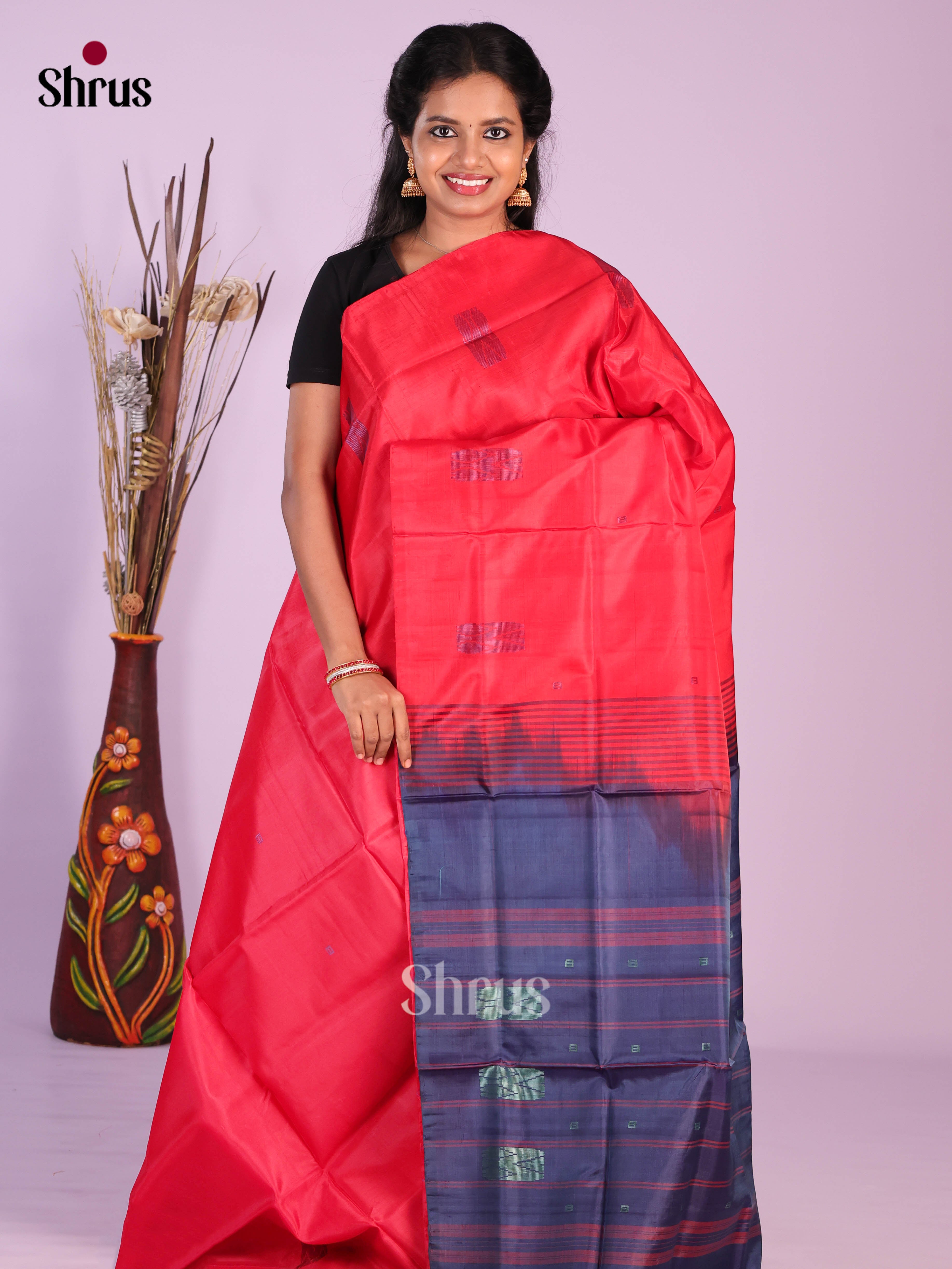Red & Blue- Banana Pith without blouse Saree - Shop on Shrus.com