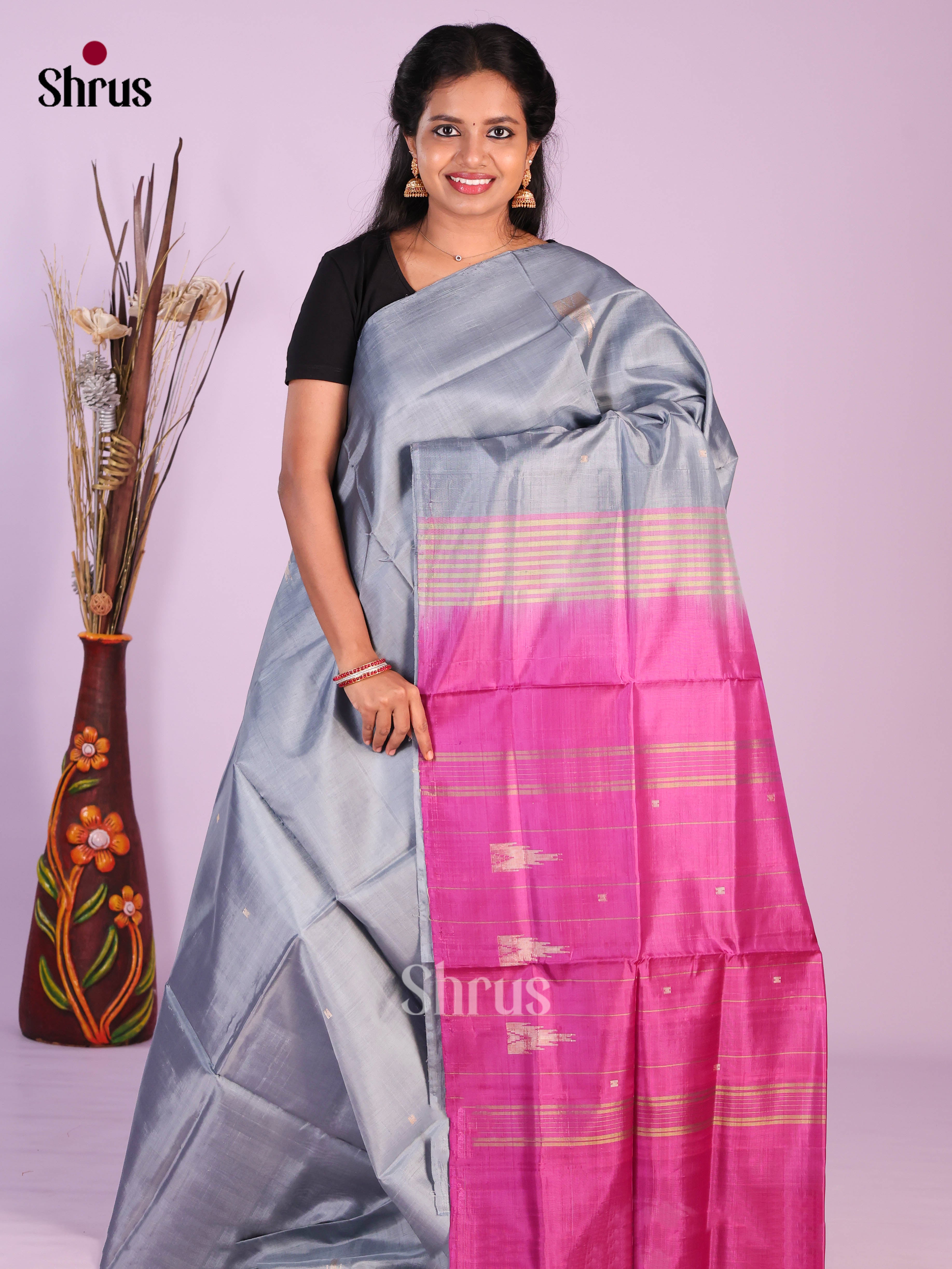 Grey & Pink- Banana Pith without blouse Saree - Shop on Shrus.com