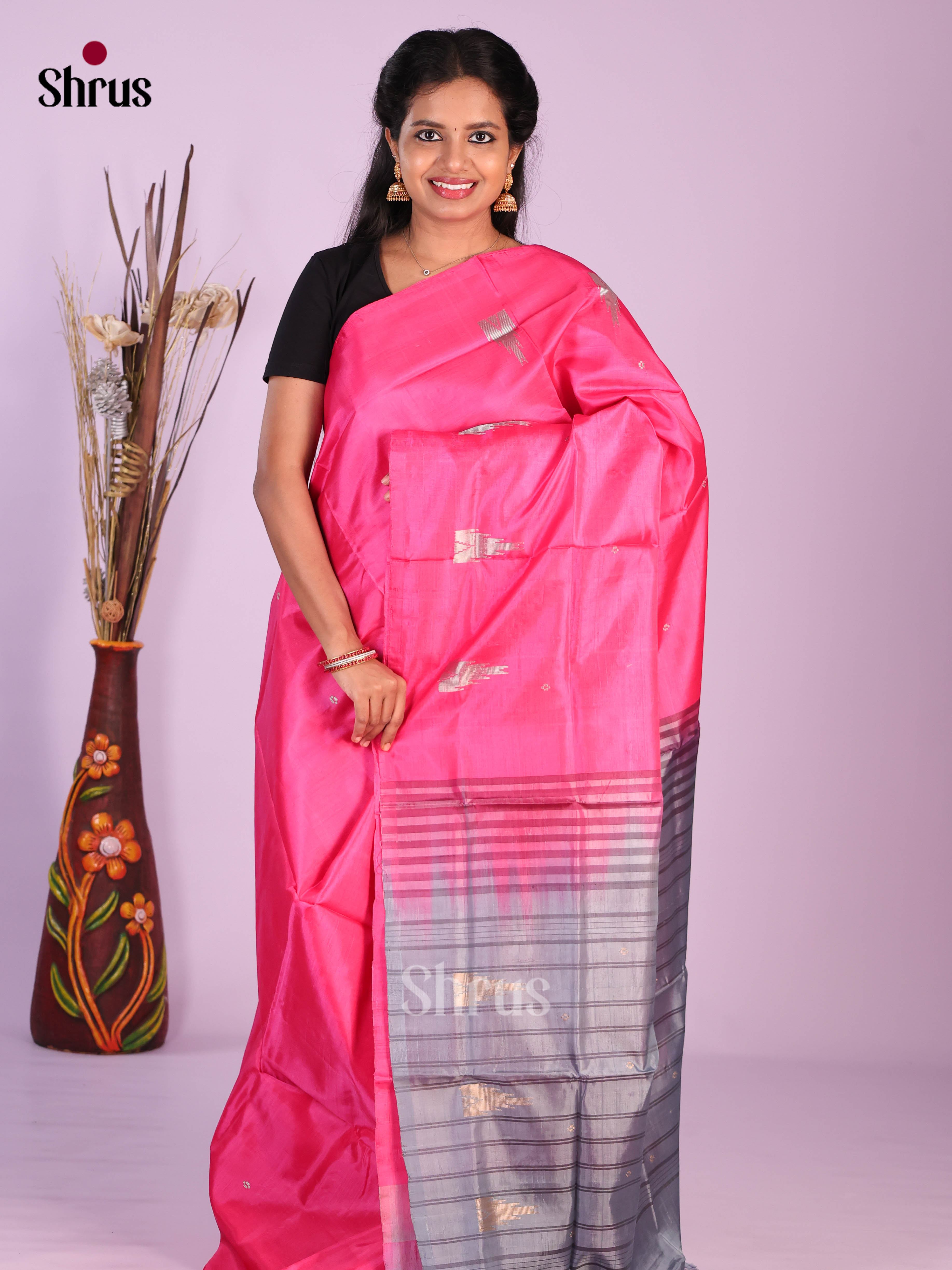 Pink & Grey - Banana Pith without blouse Saree - Shop on Shrus.com