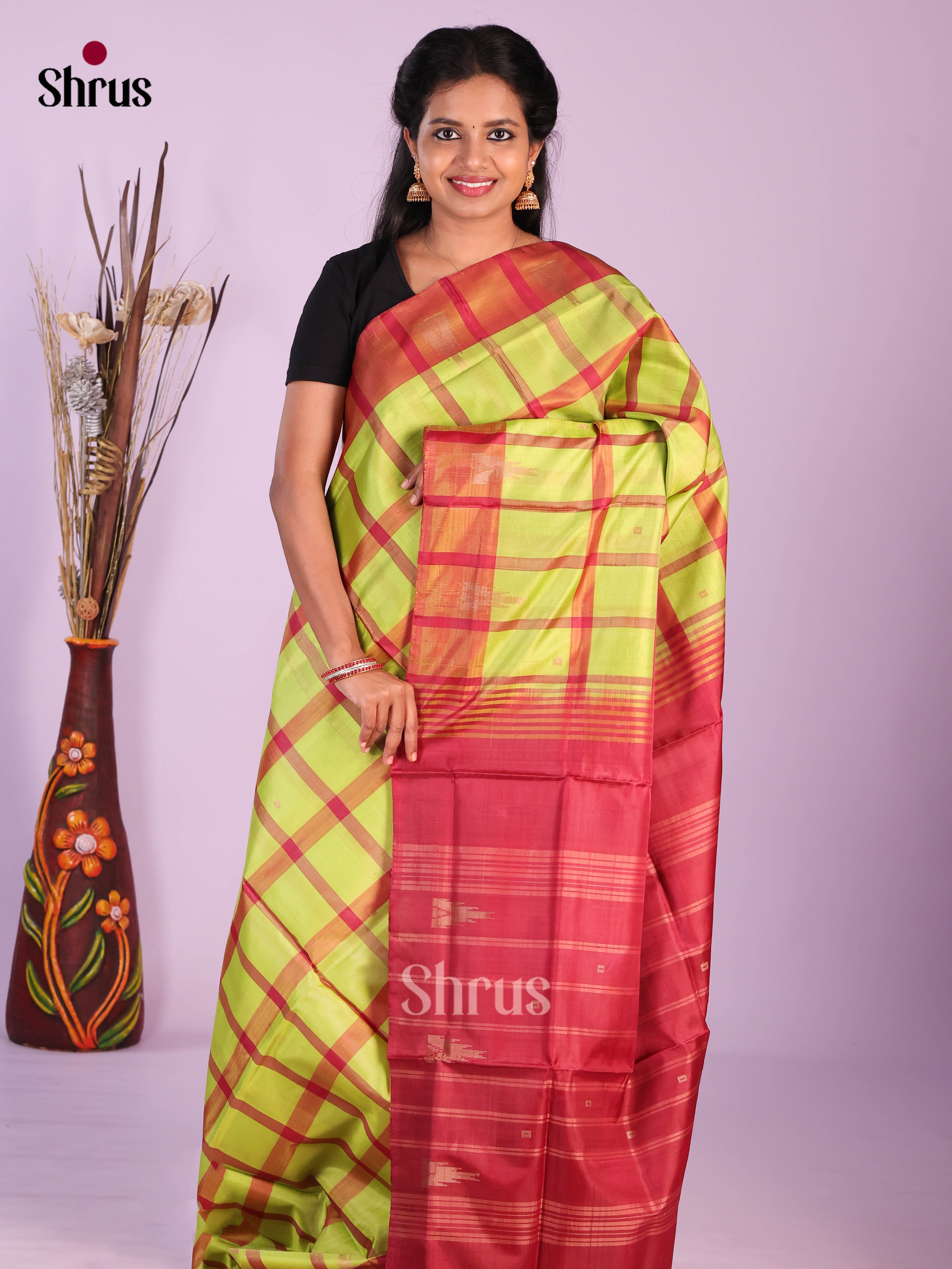 Green & Maroon - Banana Pith without blouse Saree - Shop on Shrus.com