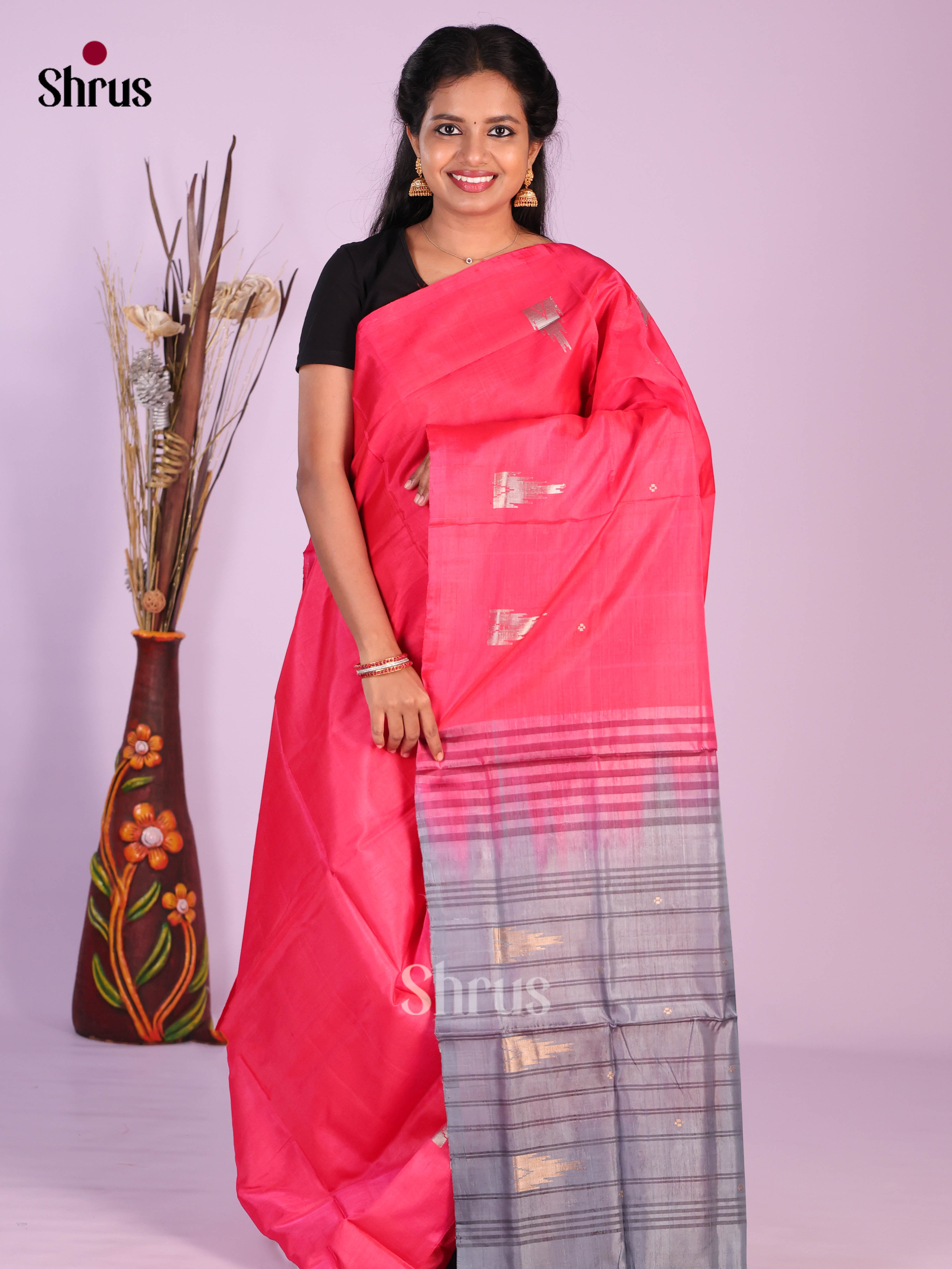 Pink & Grey- Banana Pith without blouse Saree