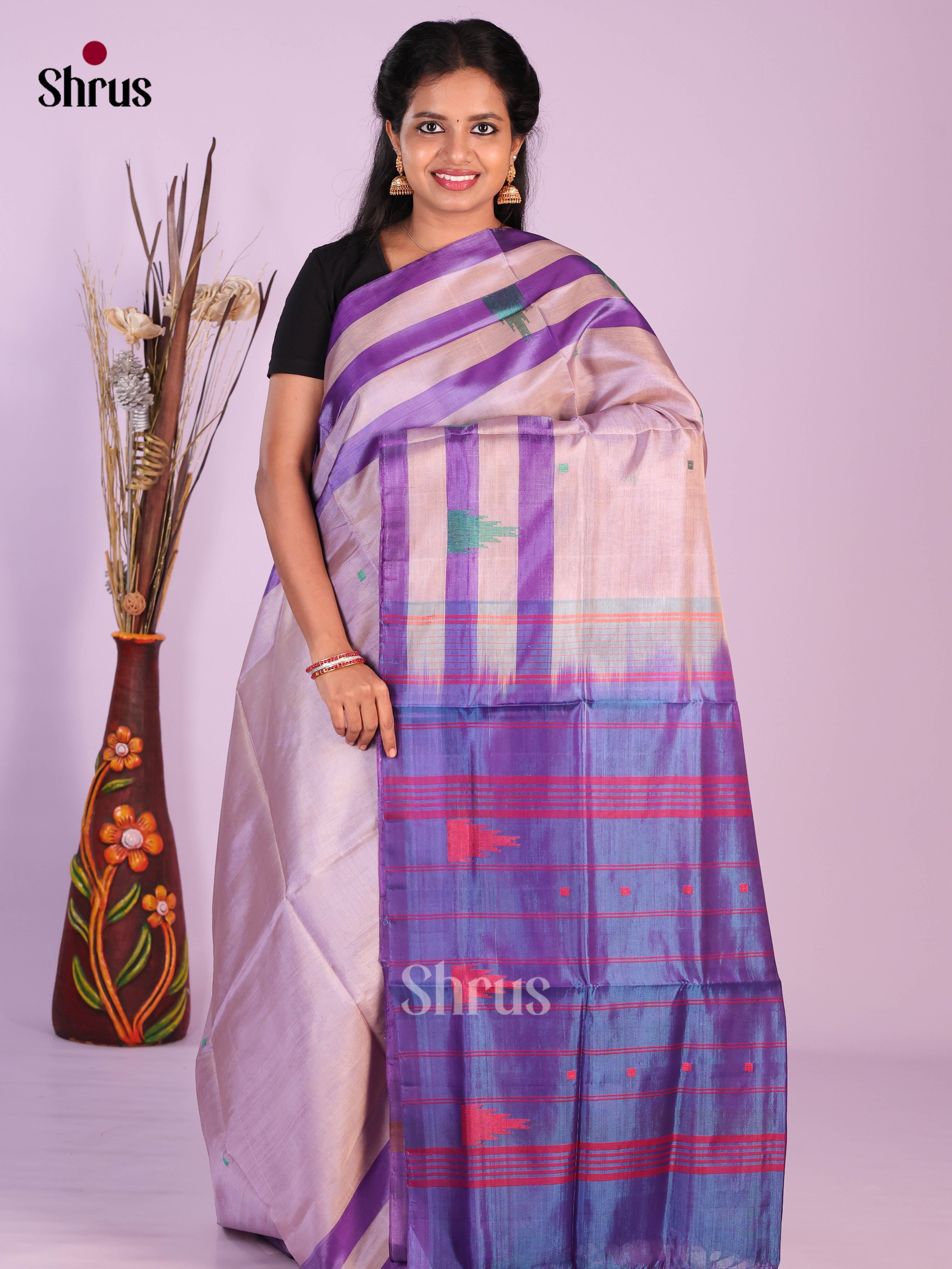 Mild Lavender & Blue - Banana Pith without blouse Saree - Shop on Shrus.com