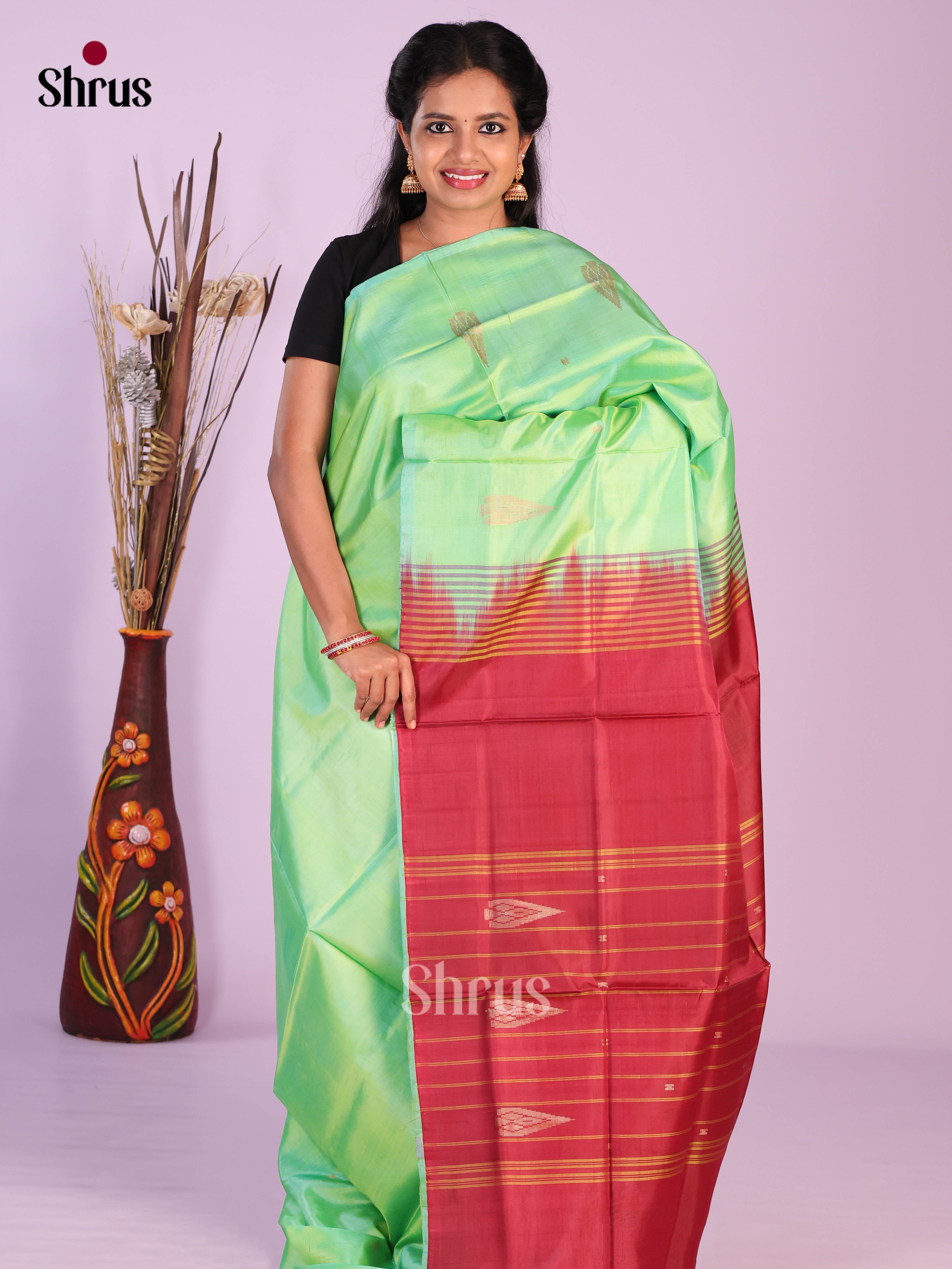 Pista Green & Maroon - Banana Pith without blouse Saree - Shop on Shrus.com