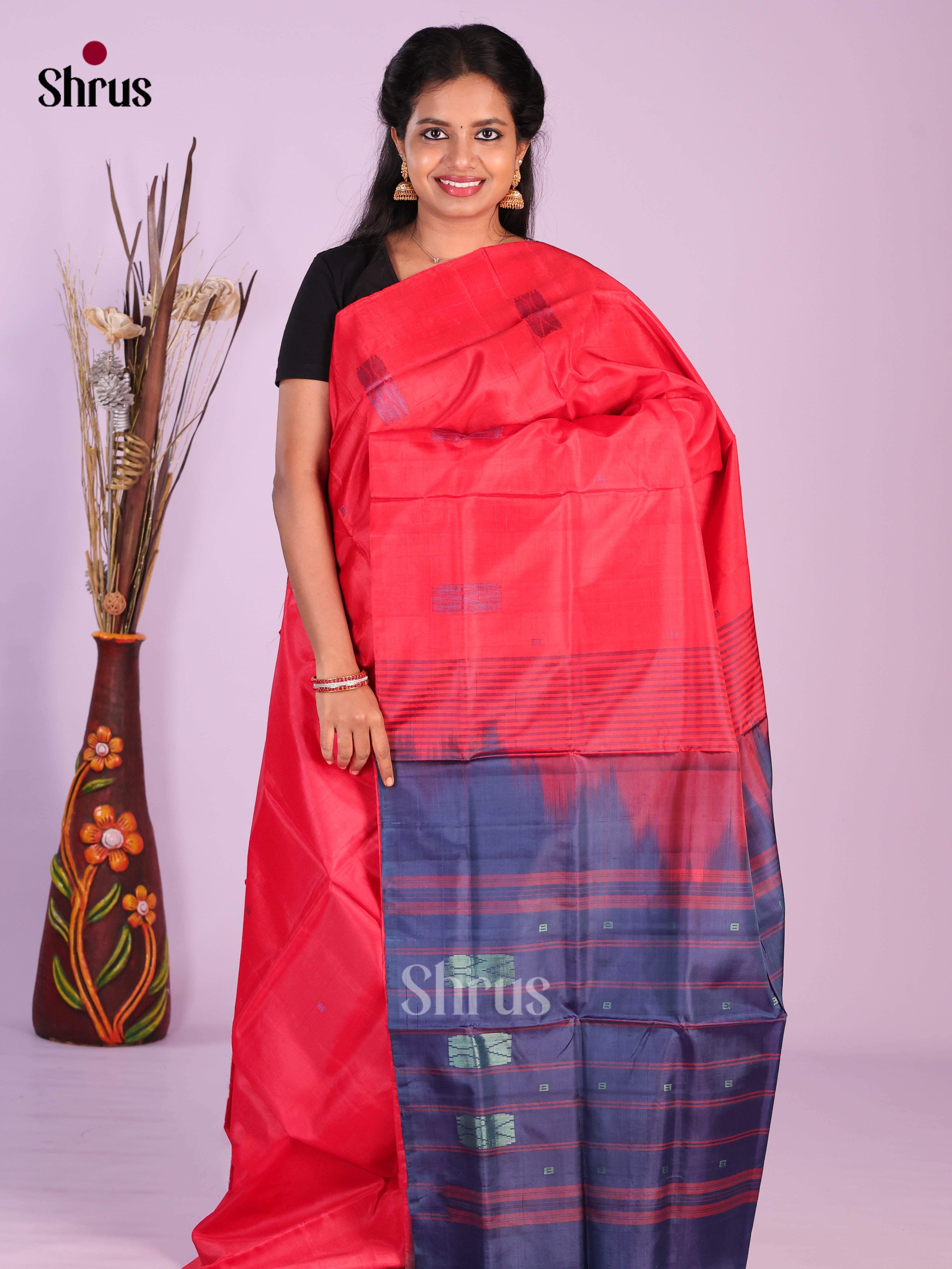 Red & Blue - Banana Pith without blouse Saree - Shop on Shrus.com