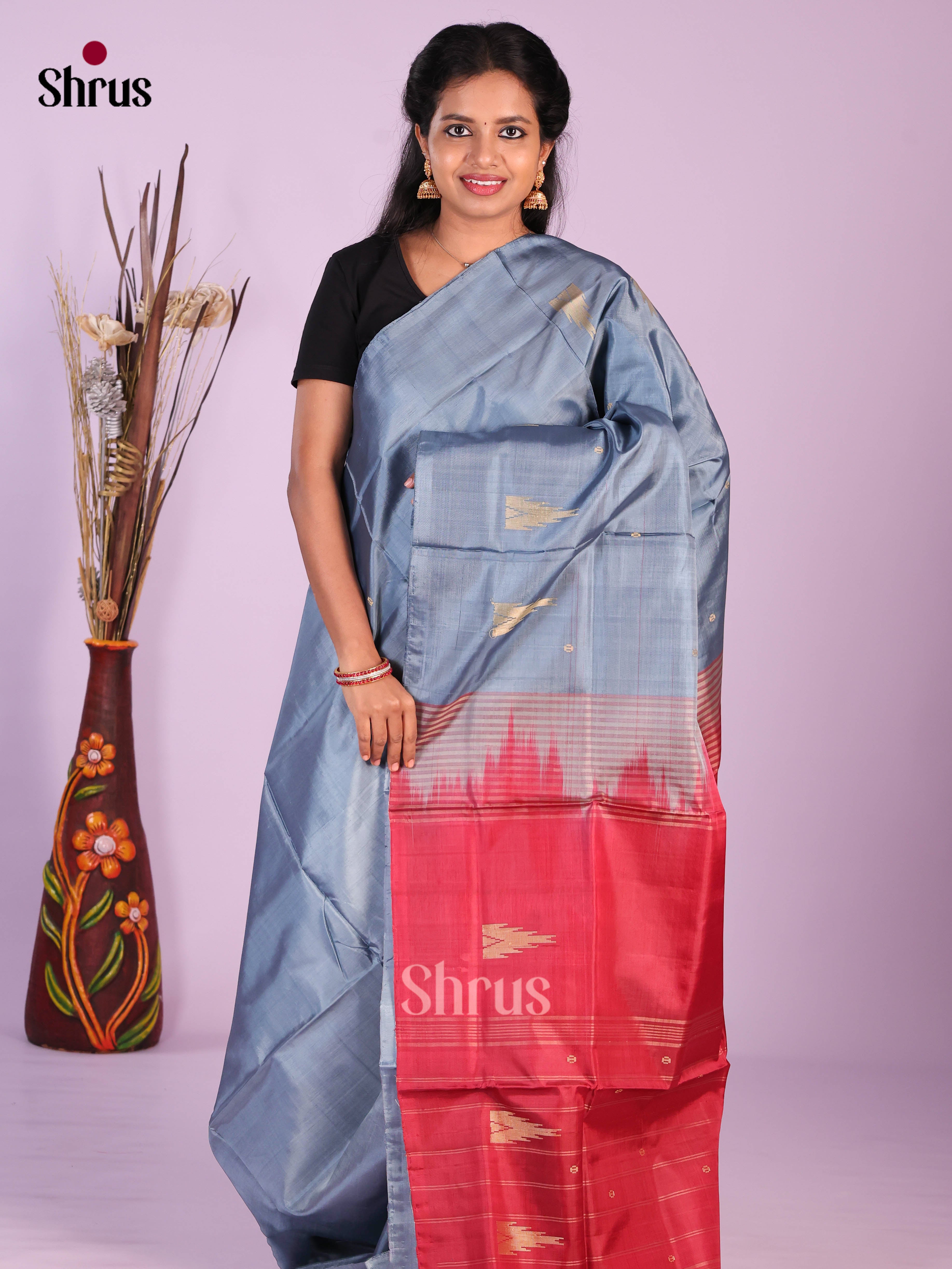 Blue & Red - Banana Pith without blouse Saree