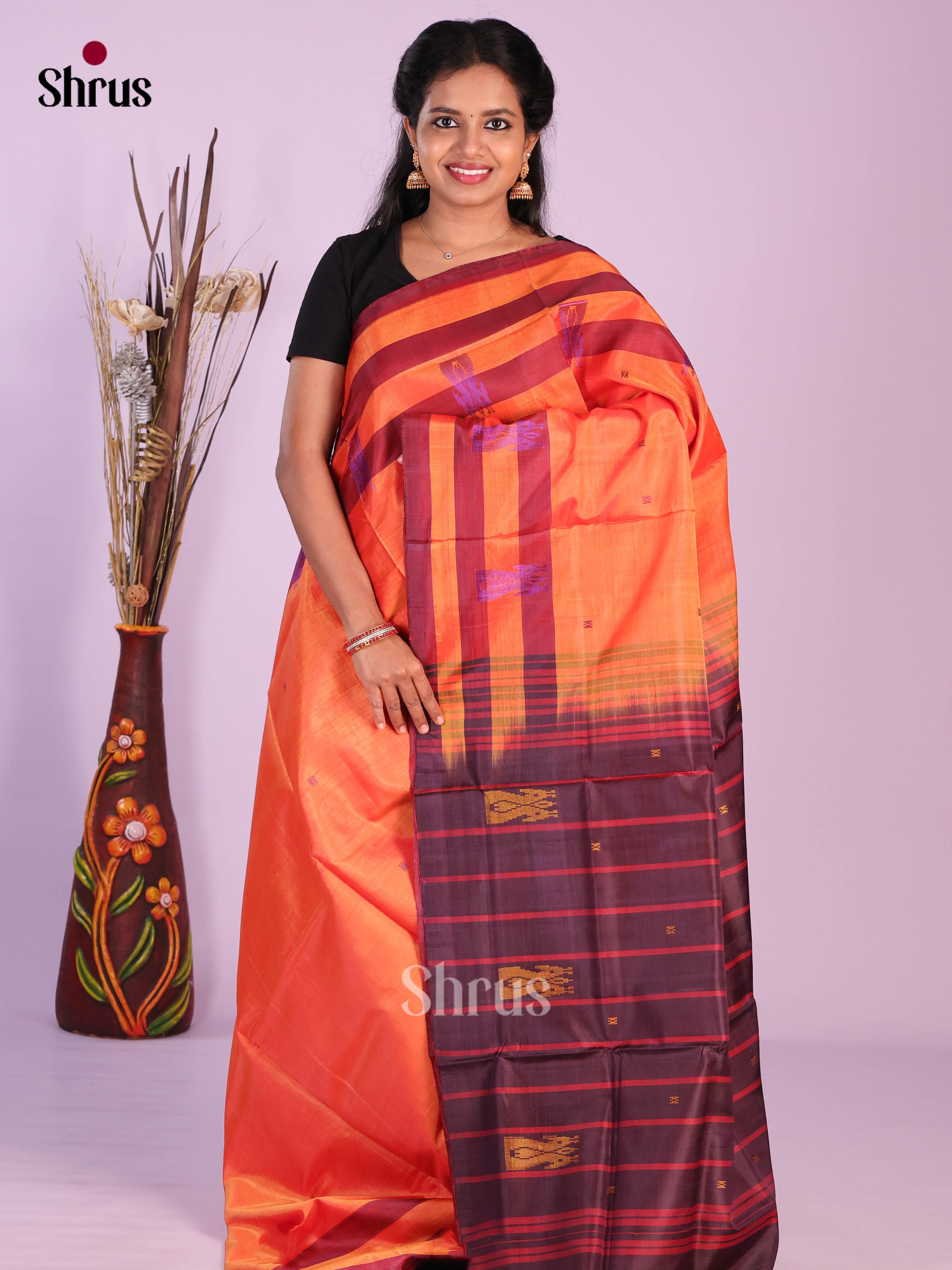 Orange & Purple- Banana Pith without blouse Saree
