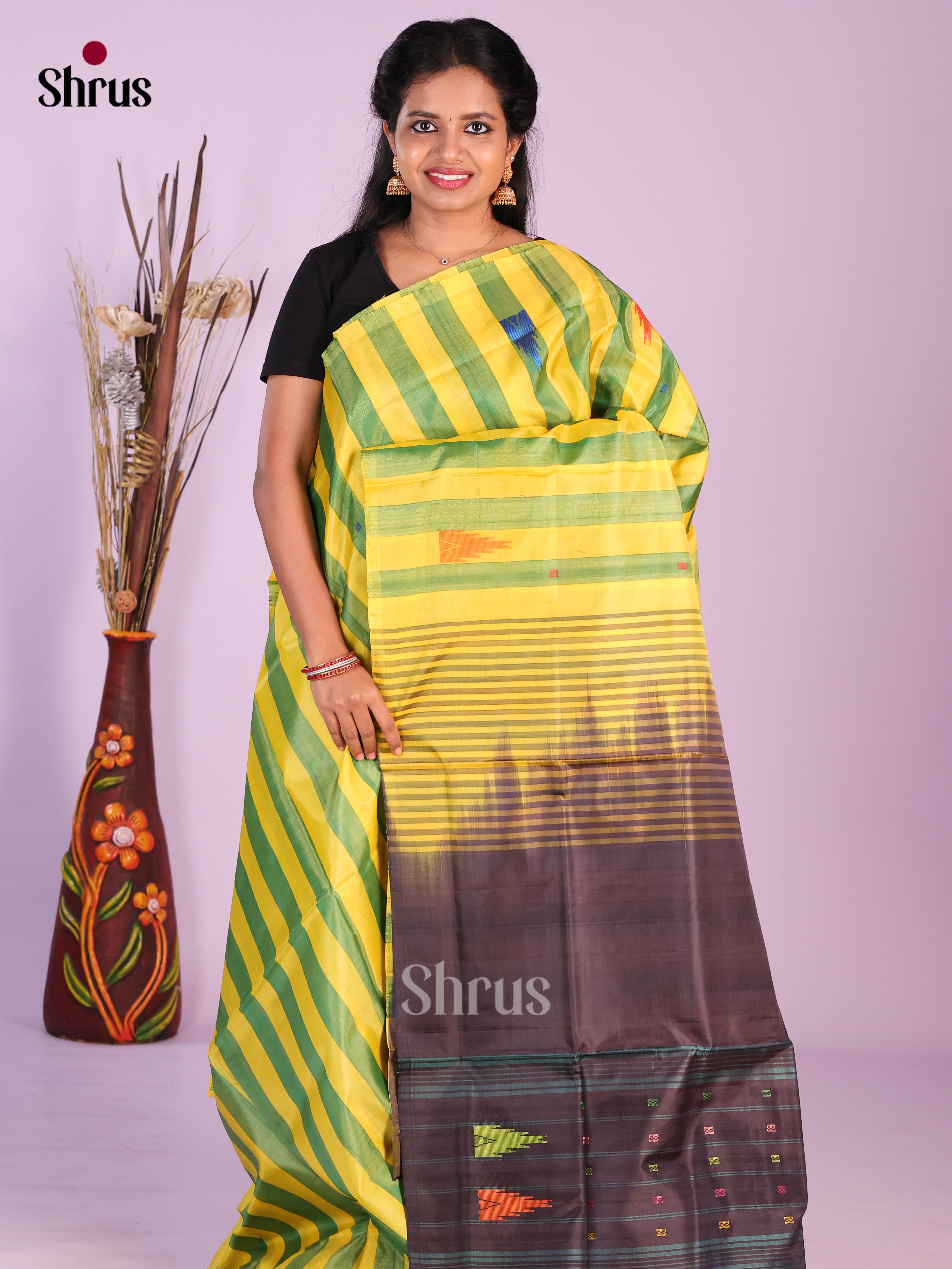 Yellow & Green - Banana Pith without blouse Saree