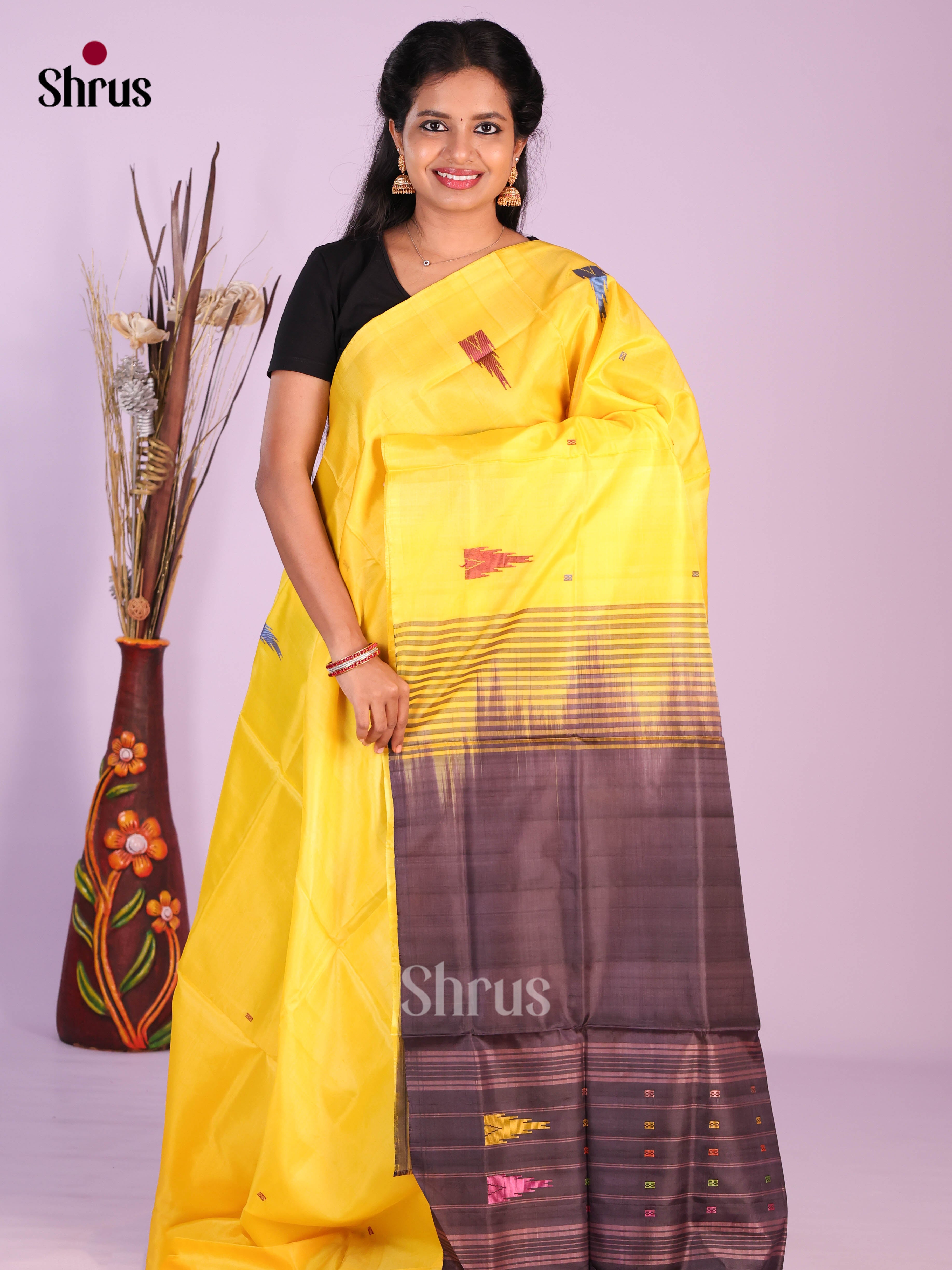 Yellow & brown - Banana Pith without blouse Saree